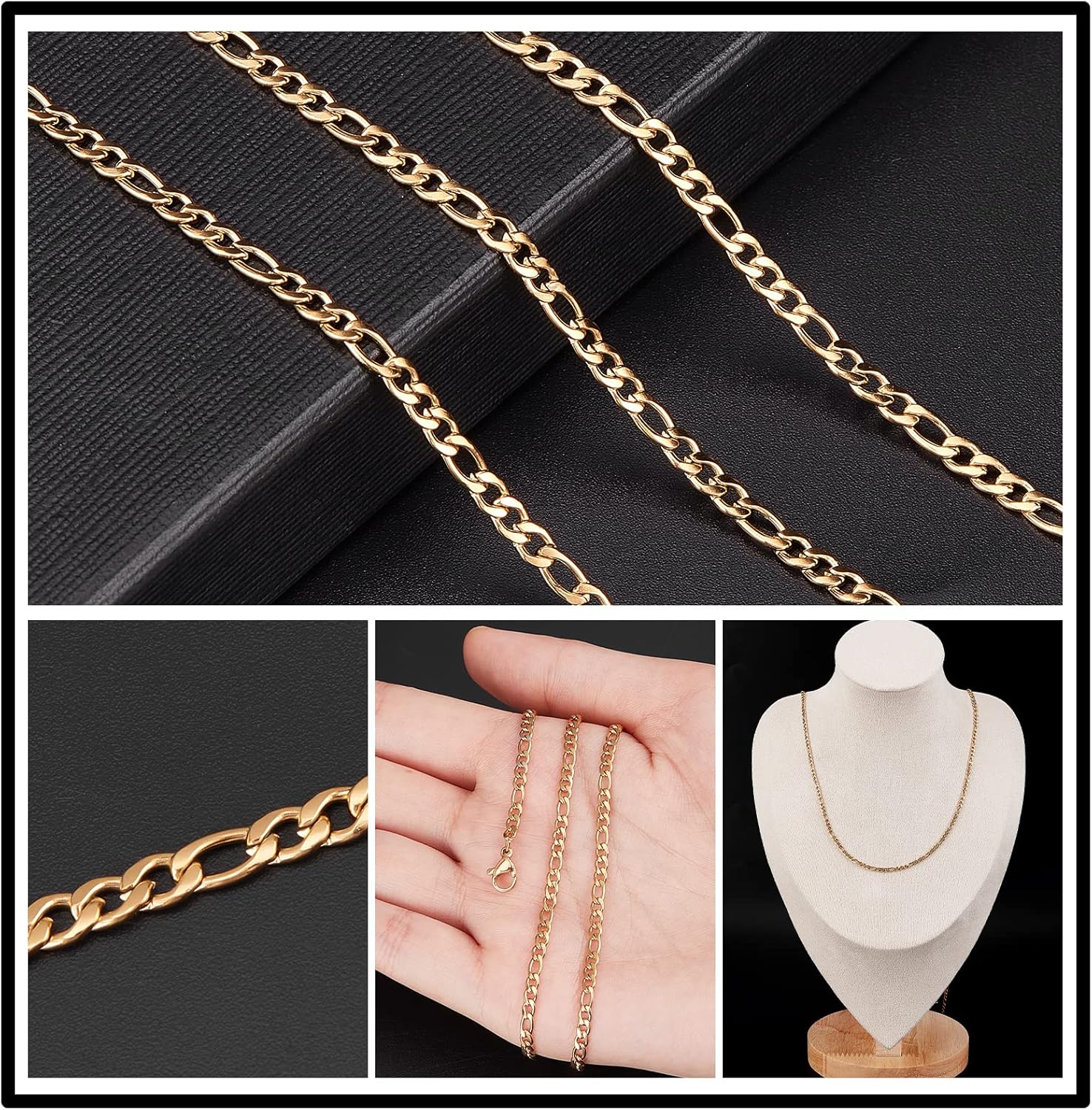 SUNNYCLUE DIY 10M 32.8 Feet 3MM Gold Chain Roll Figaro Chains Stainless Steel Cable Chain Necklace Chains with Jump Rings Lobster Clasps for Women Adults Jewelry Making Kits Necklaces Bracelets Craft