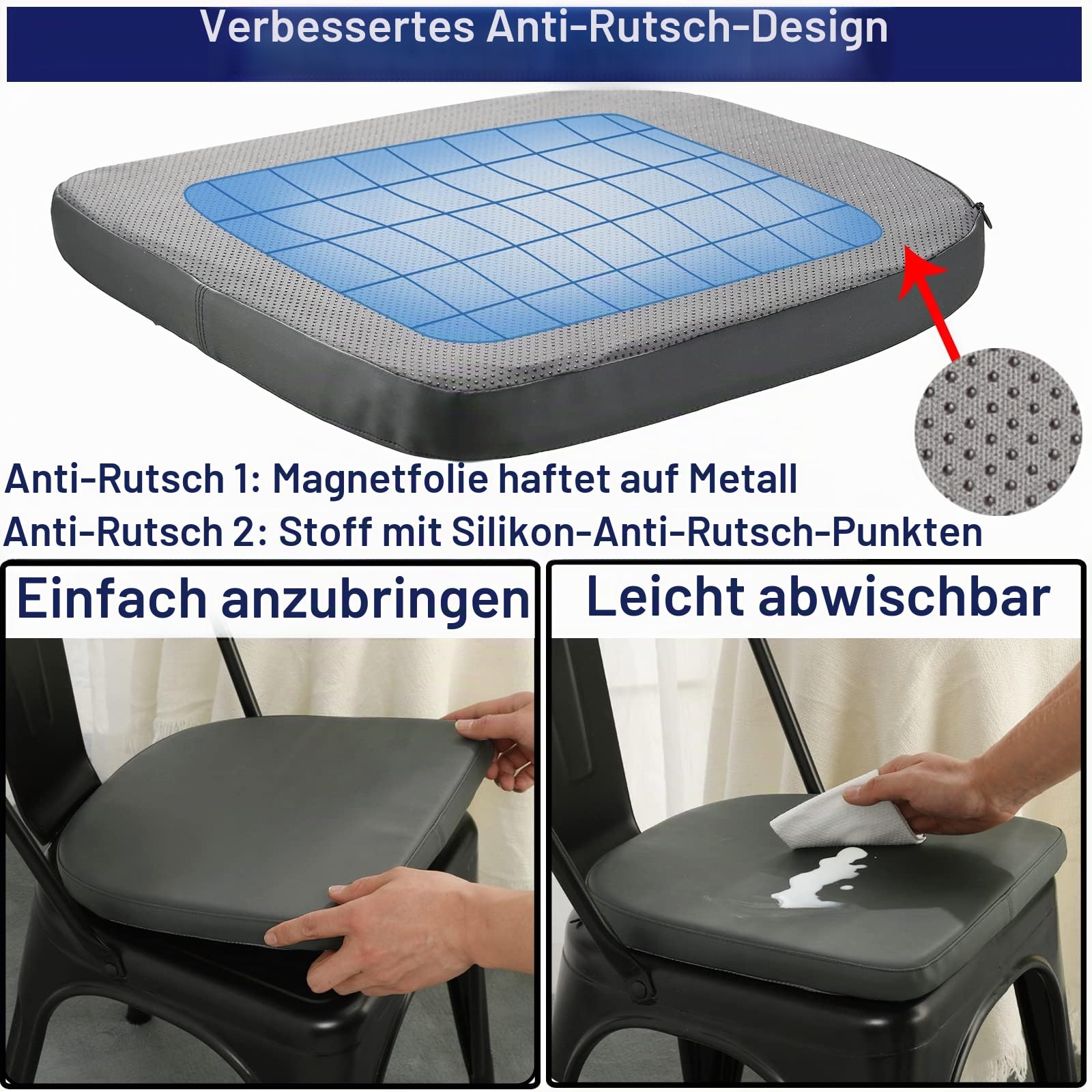 BUYUE Metall-Stuhlkissen mit Magnet-Satz von 4, Luxus PU-Leder wasserdicht Anti-Rutsch-Sitzpolster für Küche Cafe Essen Bistro stapelbar Stühle (U-Form, dunkelgrau, 4)