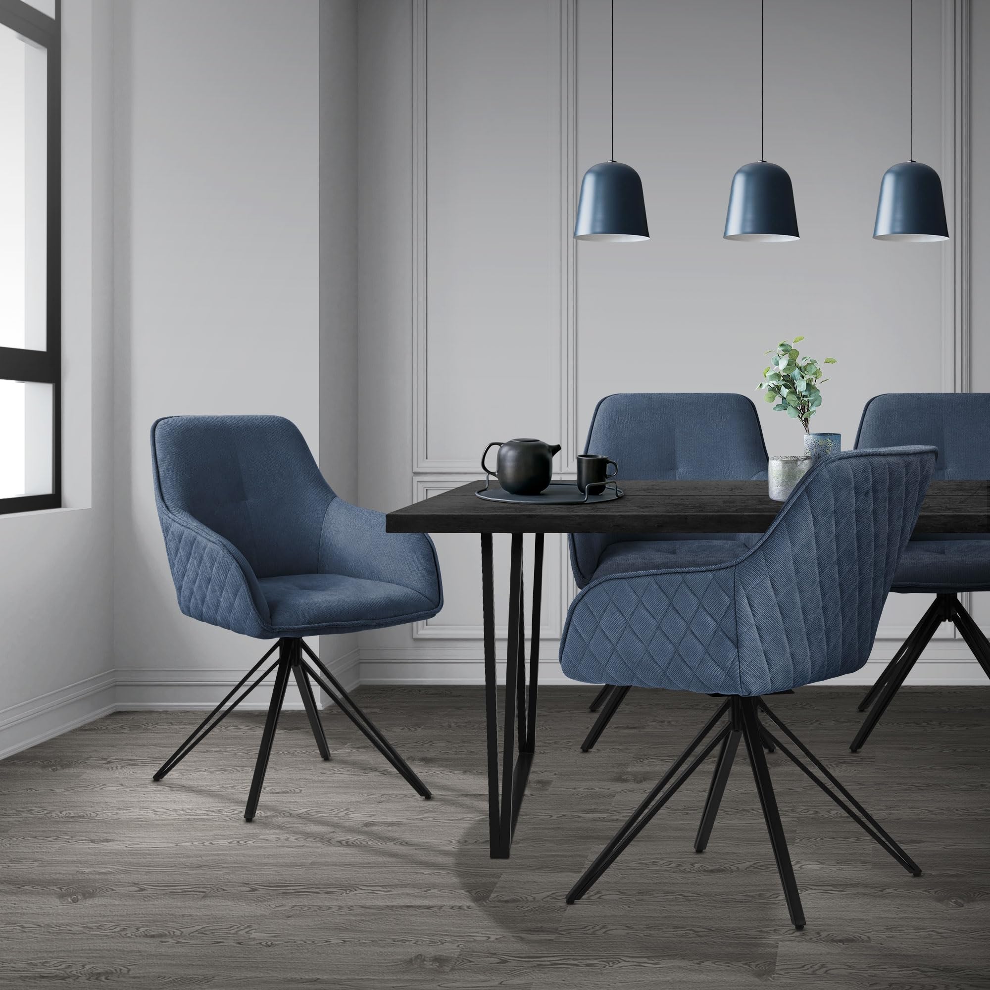 ML-Design Silla de Comedor Giratoria con Respaldo y Reposabrazos Asiento Azul de Tela Tejida Tapizado con Patas de Metal Sillón Diseño Ergonómico Moderno para Salón, Escritorio o Cocina