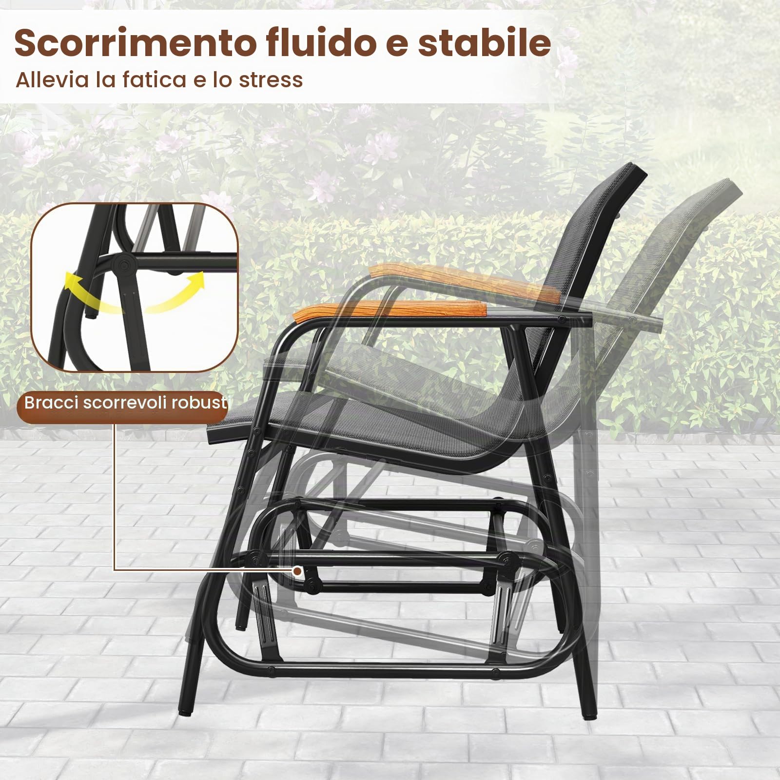 KOMFOTTEU Panca da giardino da 2/3 posti, in tessuto con braccioli curvi, panca per seduta fino a 300/450 kg, panca da giardino, balcone (74 x 115 x 84 cm)