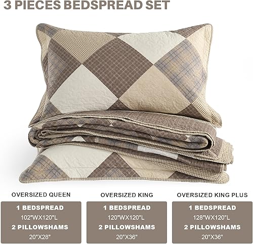 Miniatura 5 de Juego de colcha extragrande de tamaño King de 120 x 120 pulgadas, 100% algodón, ligera, acolchada, estilo granja, 3 piezas, marrónbeigecaqui