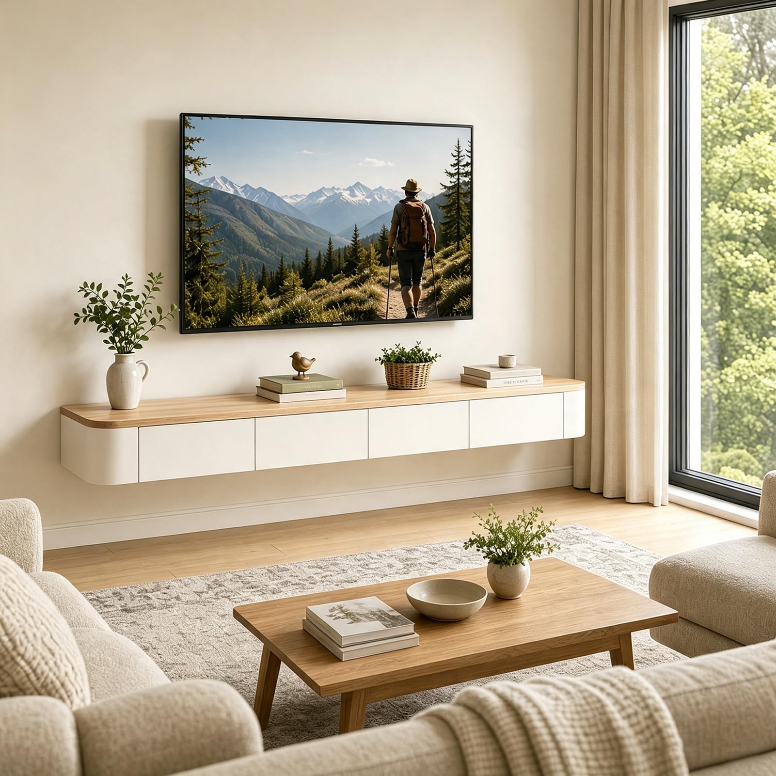 Schwebende TV Schrank 180cm Beige, Modern TV Lowboard Hängend, TV Board Hängend mit 2 Schubladen 1 Klappen Türen & Kabelmanagement, für Wohnzimmer und Esszimmer