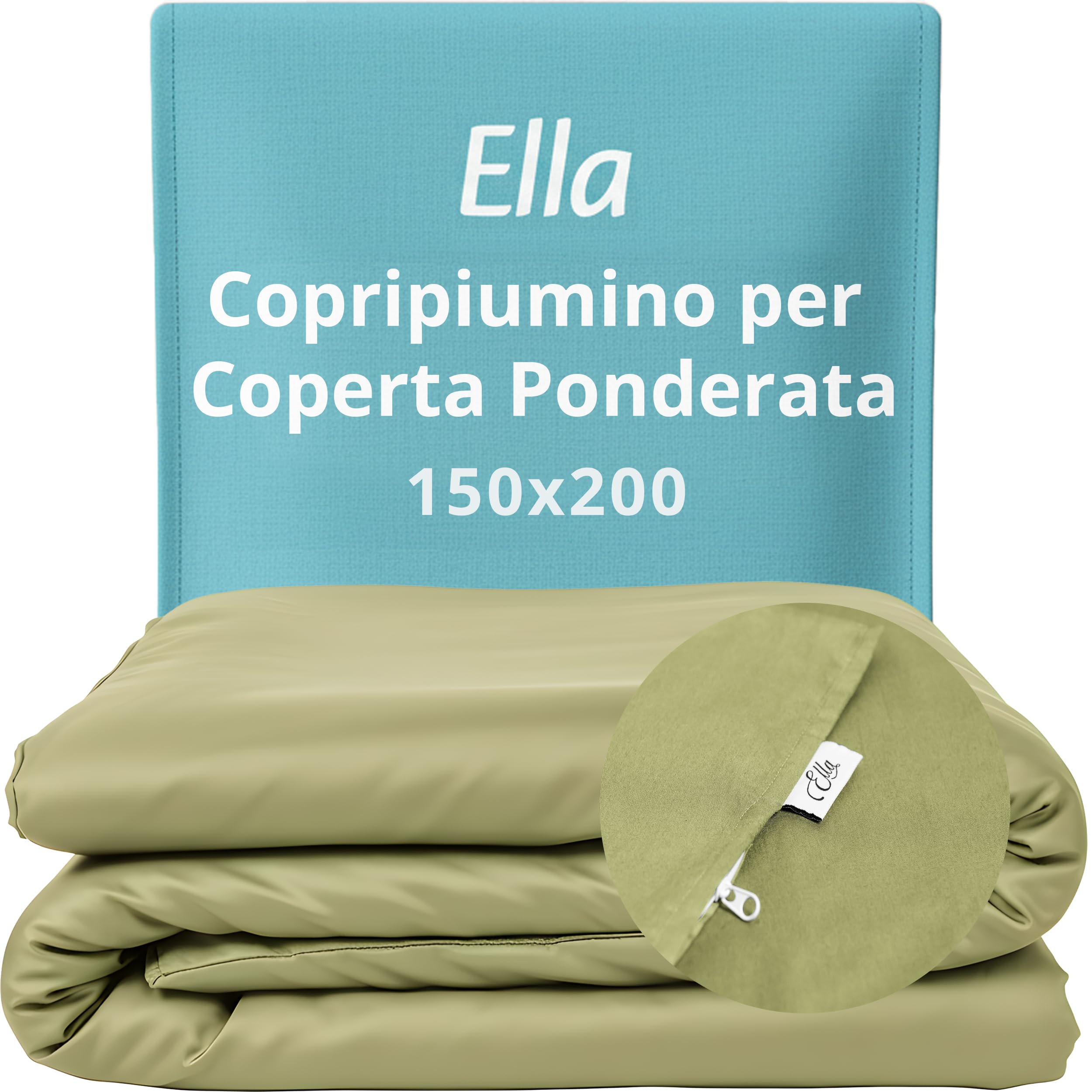 Ella Copripiumino 150 x 200 cm per coperta pesante, realizzato in 100% cotone, adatto per coperte da 7 kg e 9 kg, verde oliva chiaro