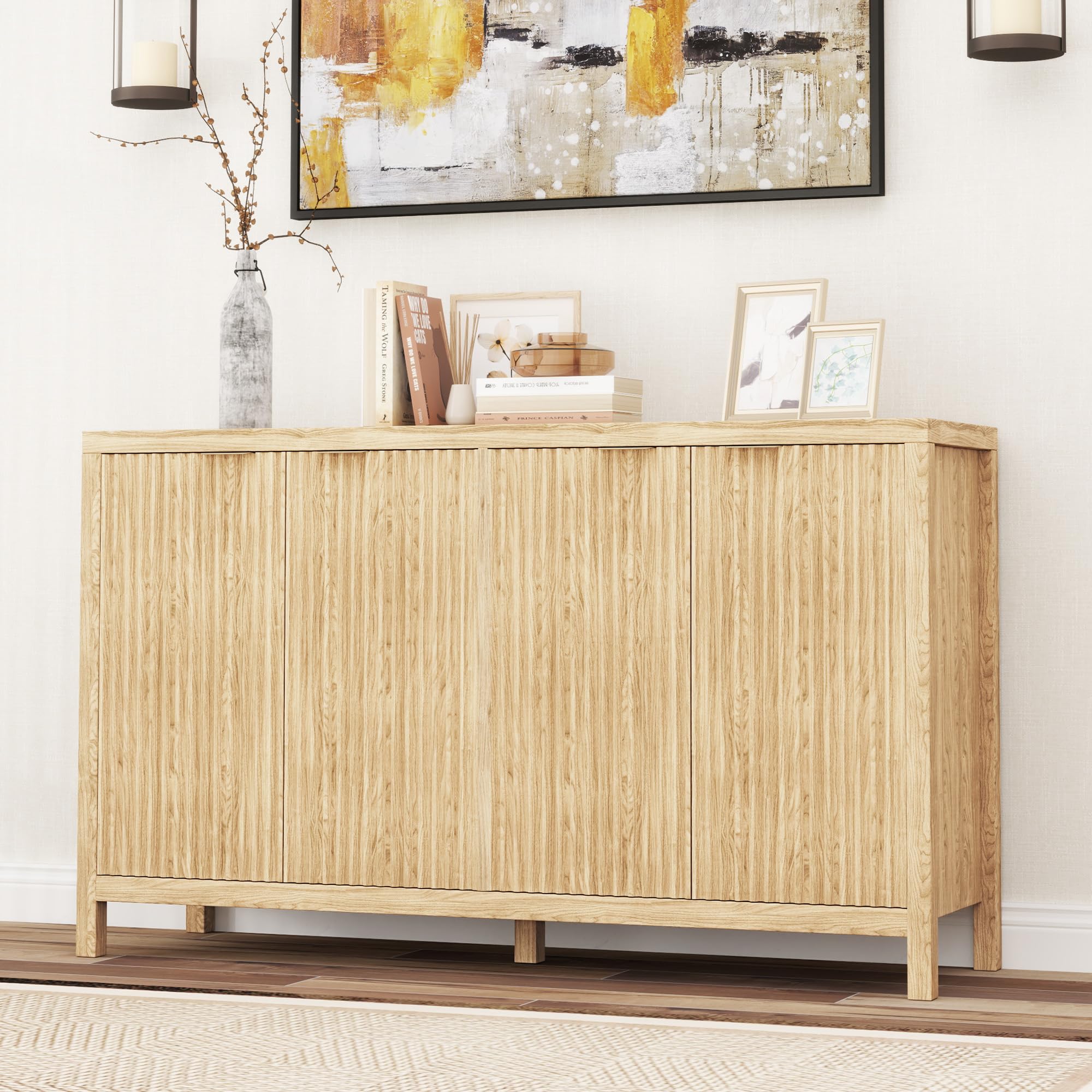 Real Relax Fluted Buffet Cabinet with Storage, Modern Sideboard with 4 Doors, 3 Adjustable Shelves, Large 55'' Kitchen Credenza Coffee Bar Cabinet,