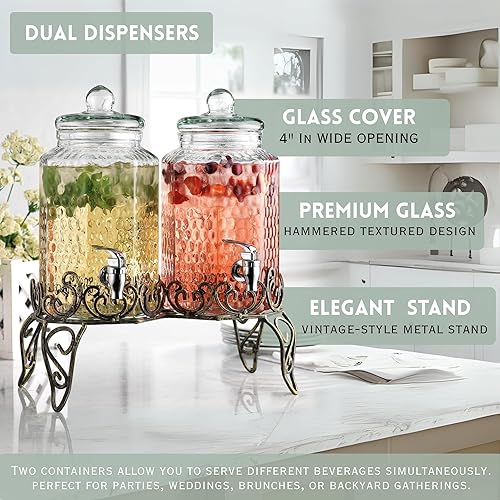 Miniatura 3 de Dispensador clásico de bebidas de vidrio martillado con soporte elegante (juego de 2), dispensador de bebidas de vidrio de 1 galón con soporte y