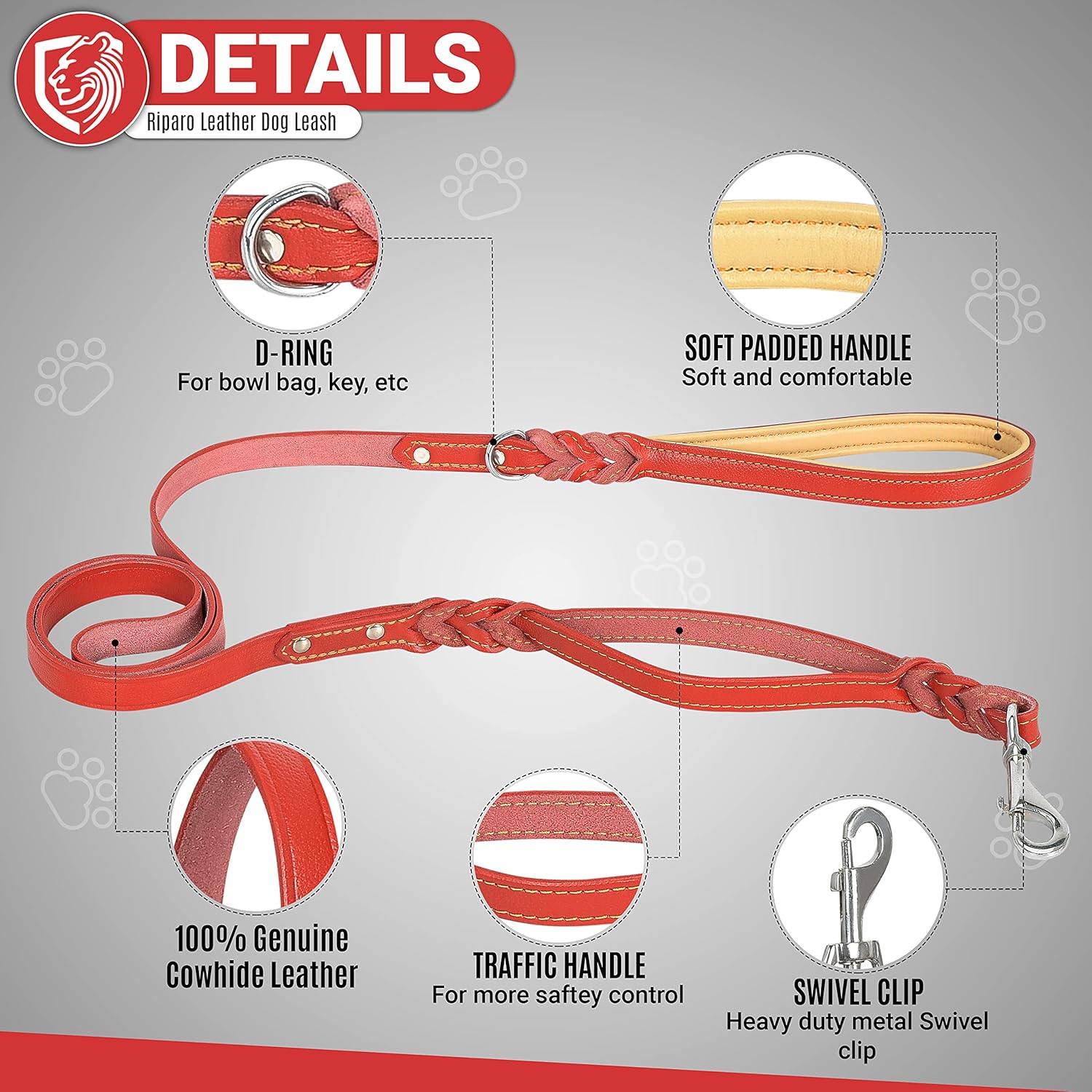 Riparo Leather Dog Leash 6ft with 2 Handles Padded Traffic Handle for Extra Control, Leather Dog Leashes for Large Breed Dogs Training Walking Heavy Duty Leashes for Dogs (Red, L: 3/4" x6ft)