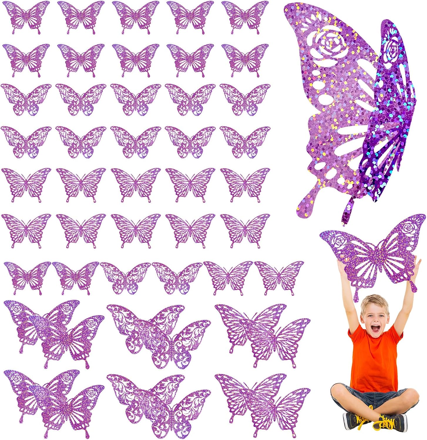 DELEMI 24 Pcs 3D Large Sequined Butterfly Wall Decor Stickers, Purple | 3D Giant Butterflies Wall Stickers Set, 2 Sizes 3 Styles, Cake Birthday Party Decals, Iridescent, Metallic Room Mural