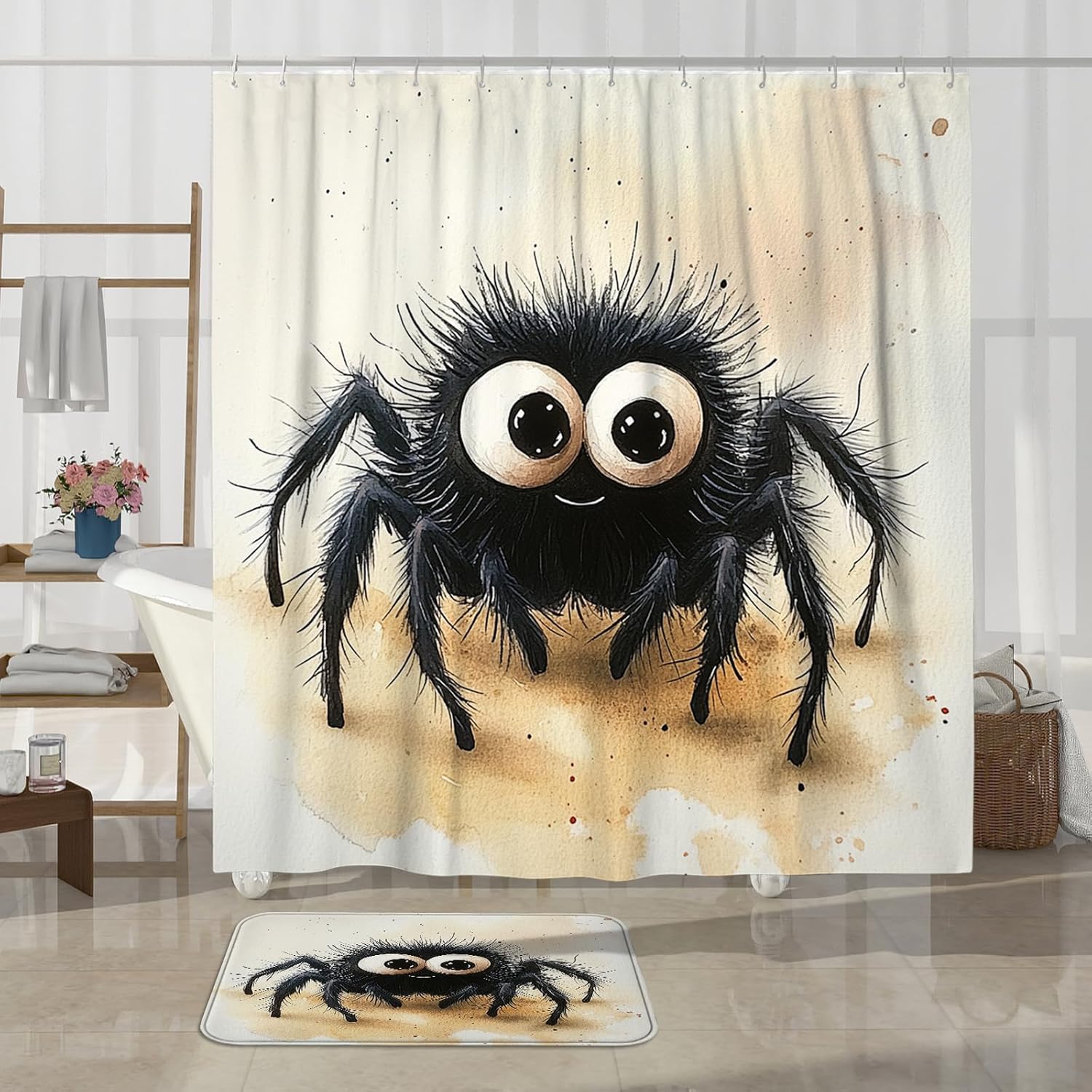 4PCS Cute Kids Tarantula Bathroom Sets, Bath Accessory with Non-Slip Rug, U Shape and Toilet Lid Cover Mat, Cartoon Fun Spider Bathroom Decor-72''x72''