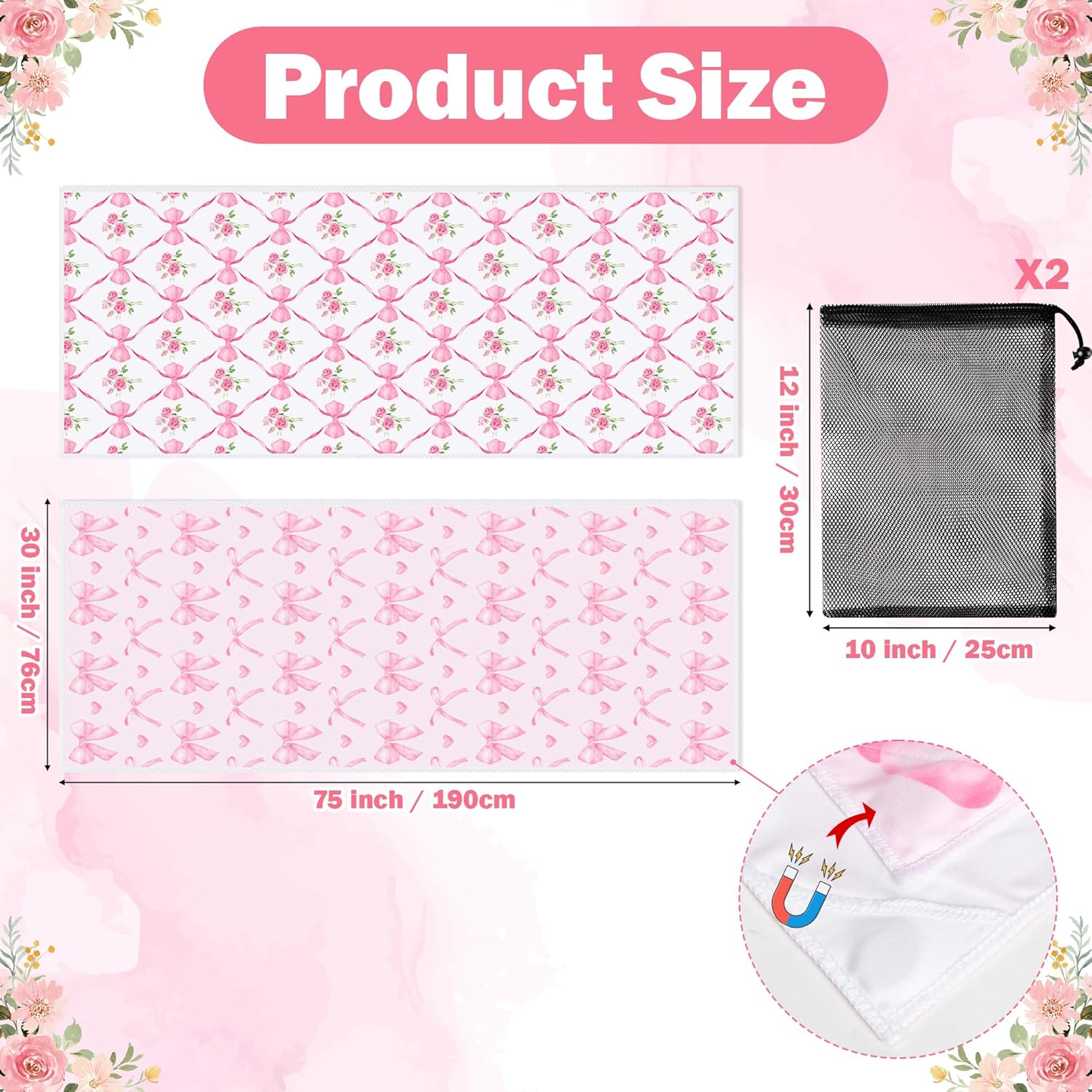 2 Pack Magnetic Beach Towel- 75"x30" Coquette Pink Bow Sand Free Quick Dry Microfiber Towel with Built-in Magnets Lightweight for Beach Chair Car Door Pool Travel Yoga with Storage Bag