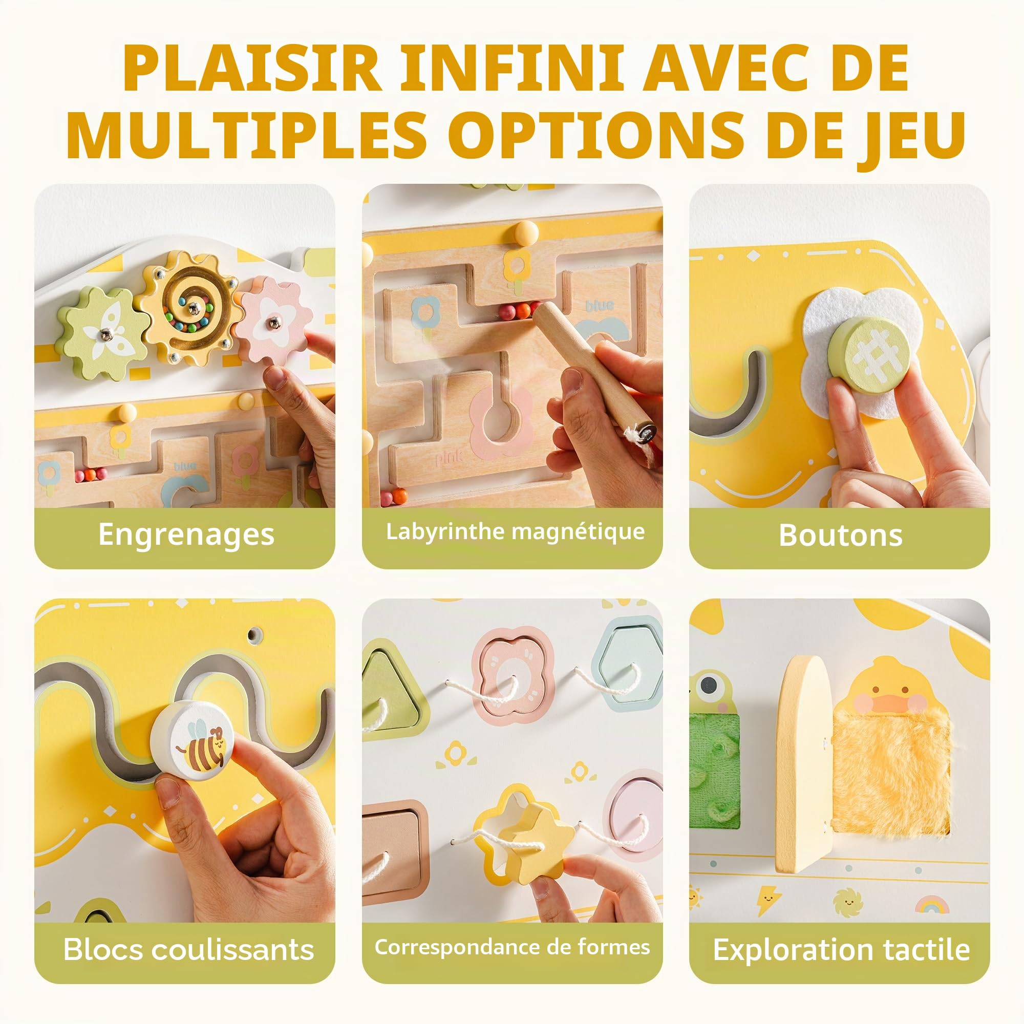 ROBUD Montessori Busy Board à partir de 18 Mois – Tableau d'activités Mural 12 en 1 en Bois avec Xylophone, Tambour, Tableau météo, Horloge, Formes, Engrenages et Labyrinthe magnétique