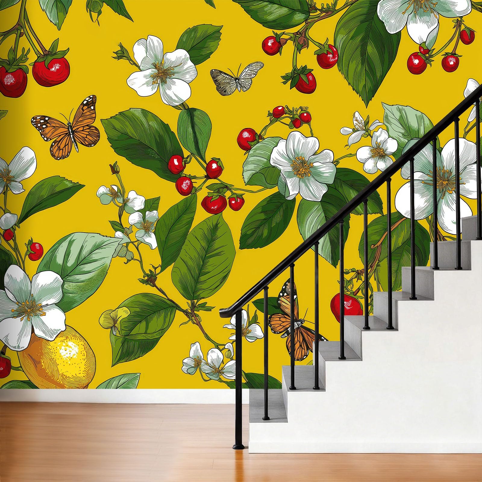 Papel pintado no tejido efecto 3D Mariquita Mariquita Bayas 450 x 280 cm XXL Papel pintado fotográfico dormitorio Tropical Papel pintado Salón Pared Decoración Pasillo Aesthetic Murales