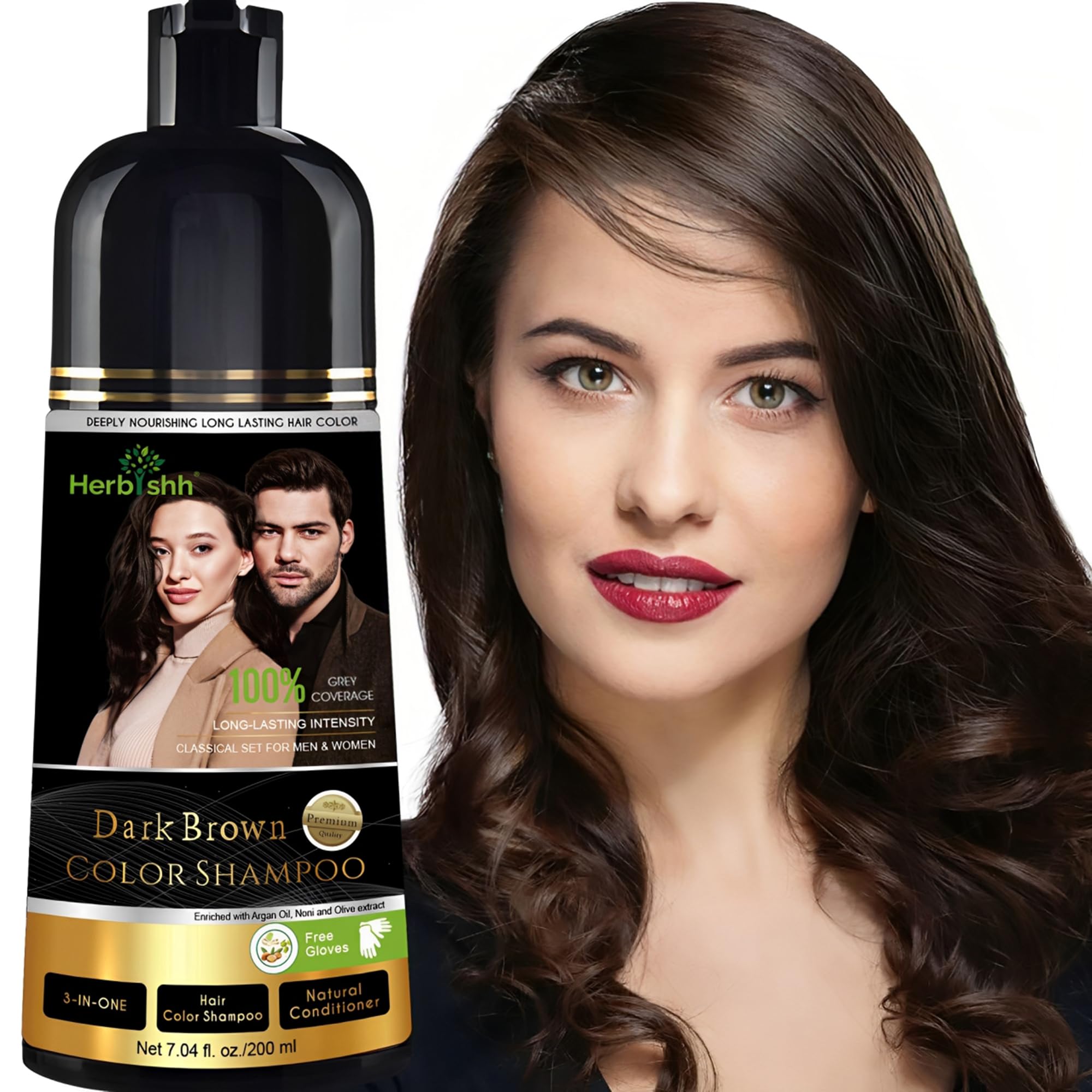 Herbishh Dark Brown Shampoo, Hair Dye Shampoo 3 in 1, 100% Grey Coverage, Hair Color for Men & Women, Long-lasting Color in 20-25 Mins, Ammonia-free, 200 ml