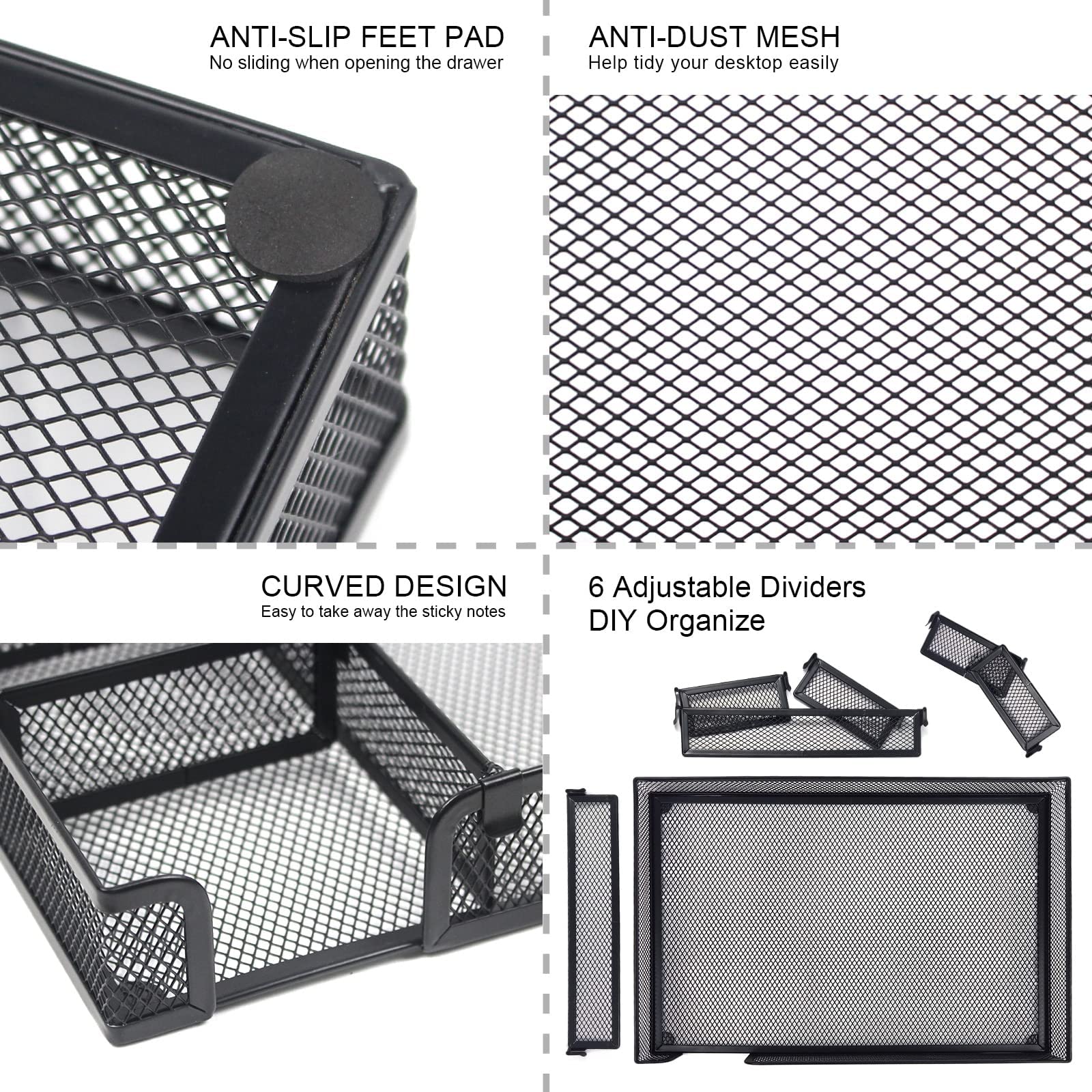 HurLuksi Desk Drawer Organiser Tray, Mesh Desks Organisers Tidy, Office Desk Accessories with 6 Adjustable Compartments - Image 3
