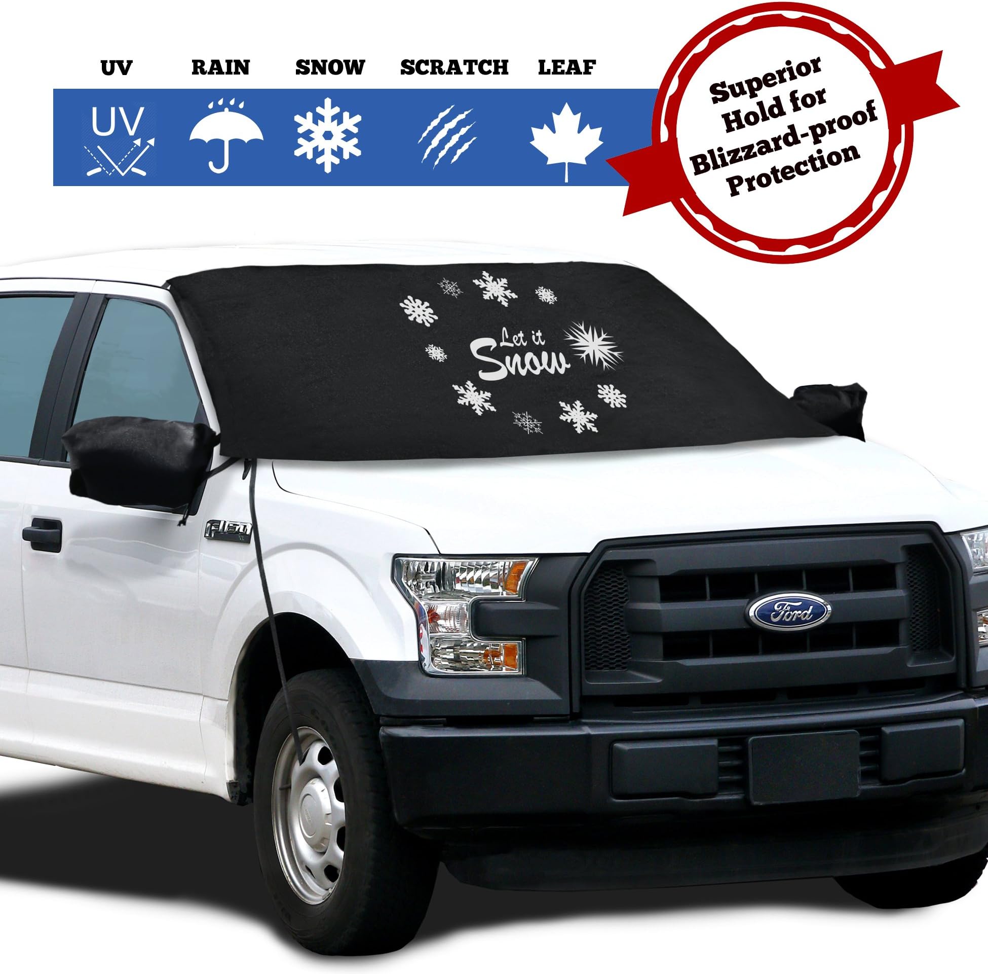 Windshield Cover for Ice and Snow - Fits Most Cars, Trucks, Minivans, SUVs and F150s - Weatherproof and Windproof with Ear Flaps, Adjustable Suction Cups, Strings and Mirror Covers (41X71)