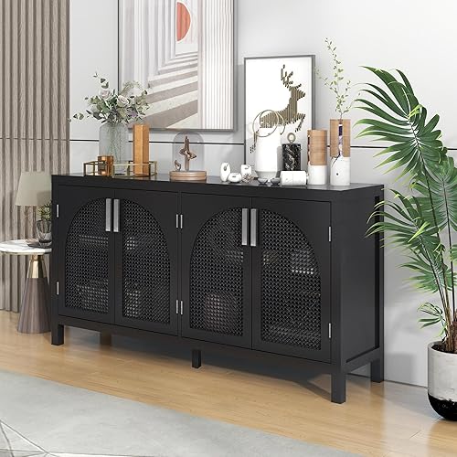 LZ LEISURE ZONE Gabinete de almacenamiento moderno con puerta de ratán artificial, aparador para sala de estar, entrada, cocina, color negro