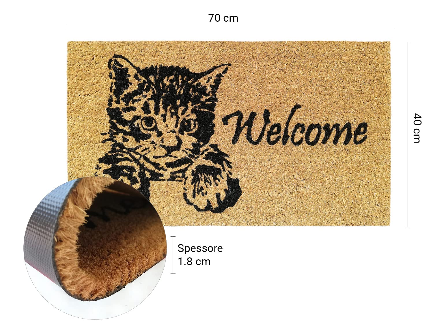 Banzaii Zerbino Ingresso Casa in Fibra di Cocco 40x70 cm, Tappeto Porta con Base Antiscivolo, Resistente e Ideale per Interno ed Esterno - Welcome Gattino