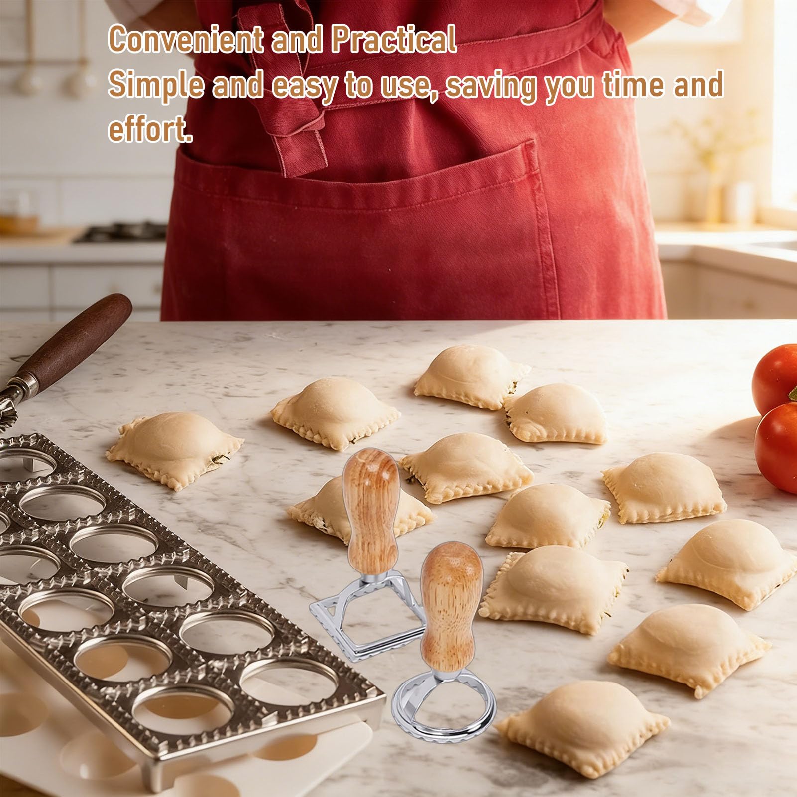 Luocute Cortador para Hacer Raviolis Cuadrados, Molde para Bola de Masa de Aleación de Aluminio de 12 Agujeros con Rodillo de Madera, Molde para Pasta y Sellos para Cocinar Albóndigas