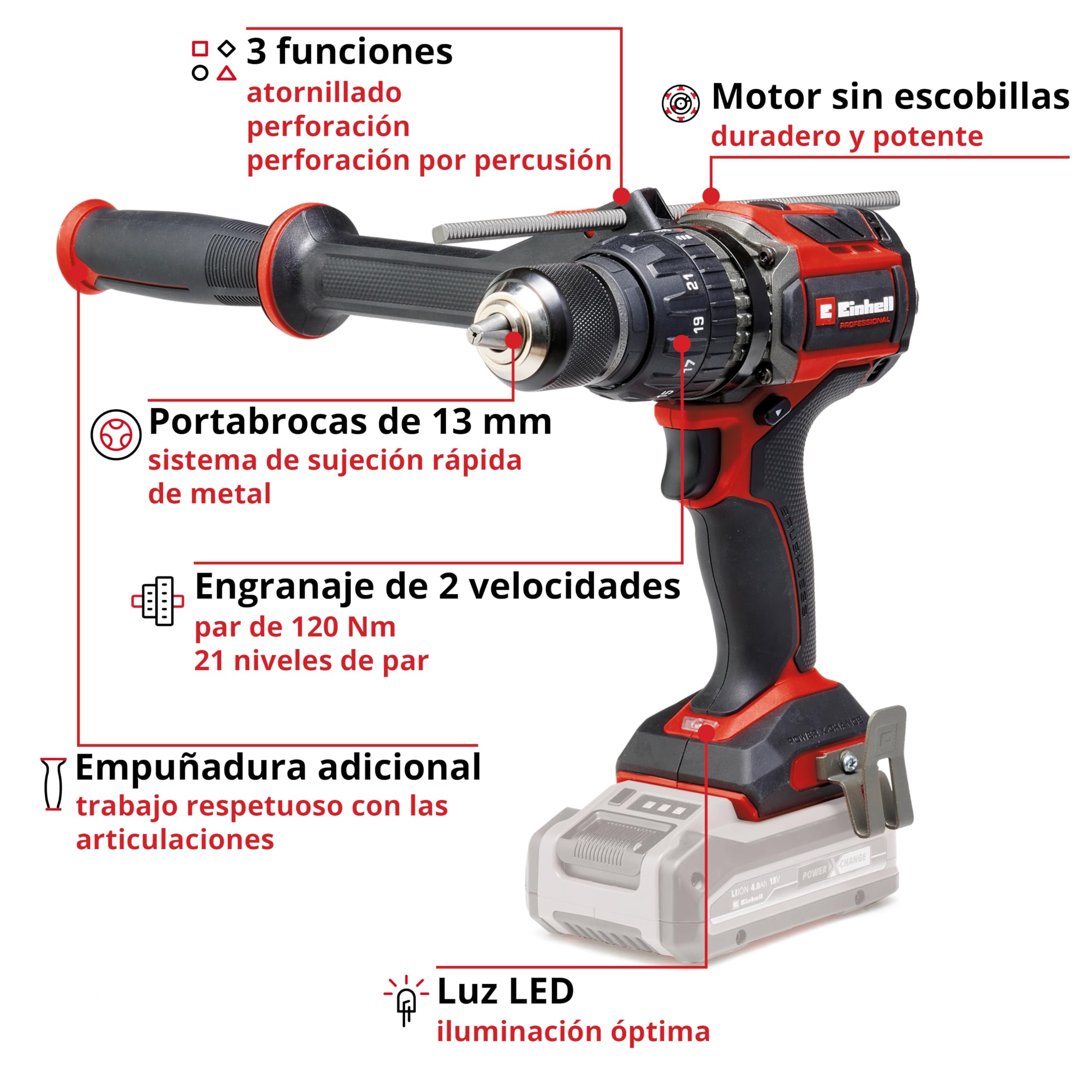 Einhell Professional Taladro percutor con batería TP-CD 18/120 Li-i BL-Solo Power X-Change (18 V, sin escobillas, 120 Nm, func. de perfor. por percusión, portabrocas de 13 mm, 2 velocid., sin batería)