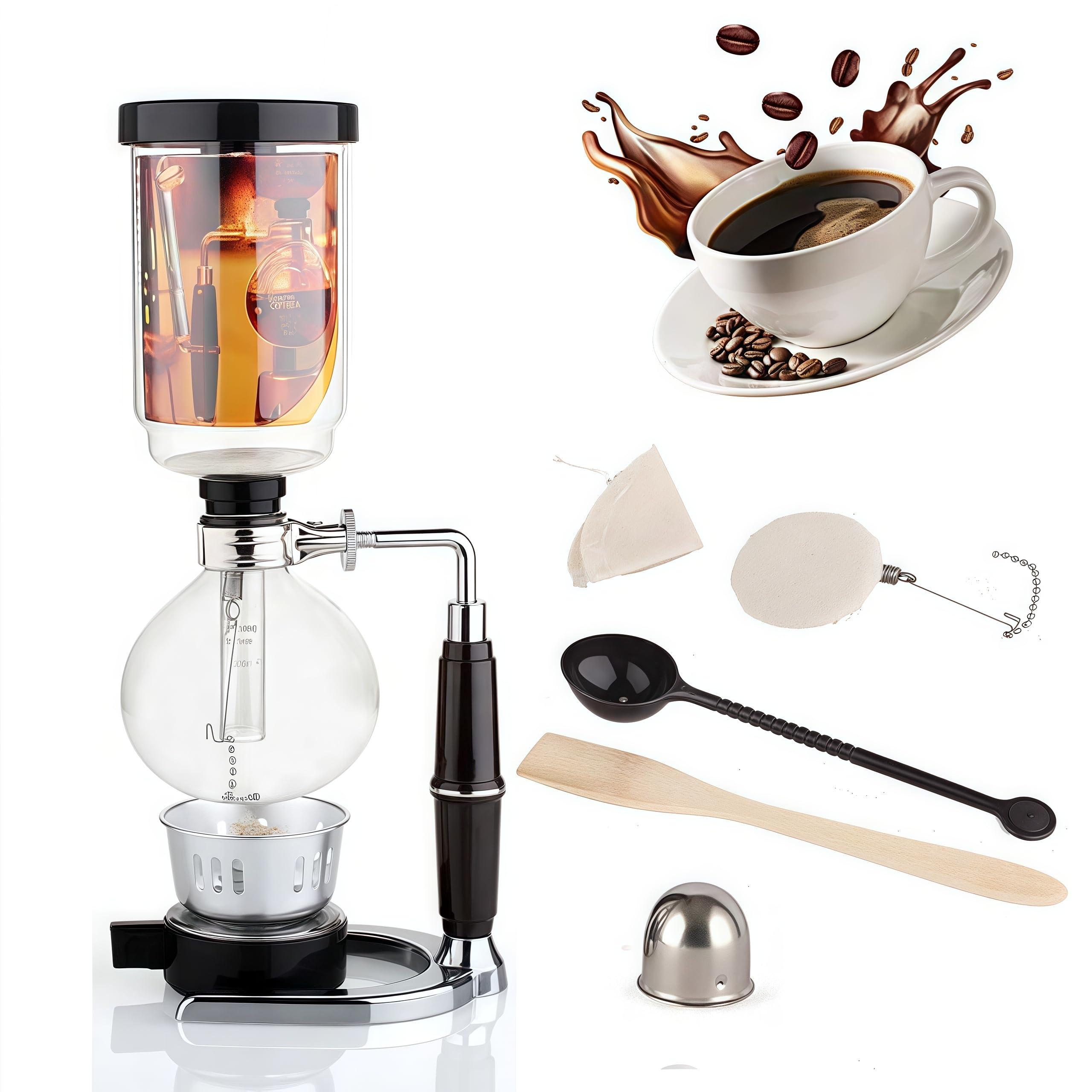 Borasilicate Glass Syphon Coffee Maker, 5-Cup 600ml(20.3 oz) Vaccum Gravity Clear Coffee Tabletop Siphon Pot with Reusable Cloth Filter Coffee Brewer Hot Tea Maker Machine(Standard Edition)