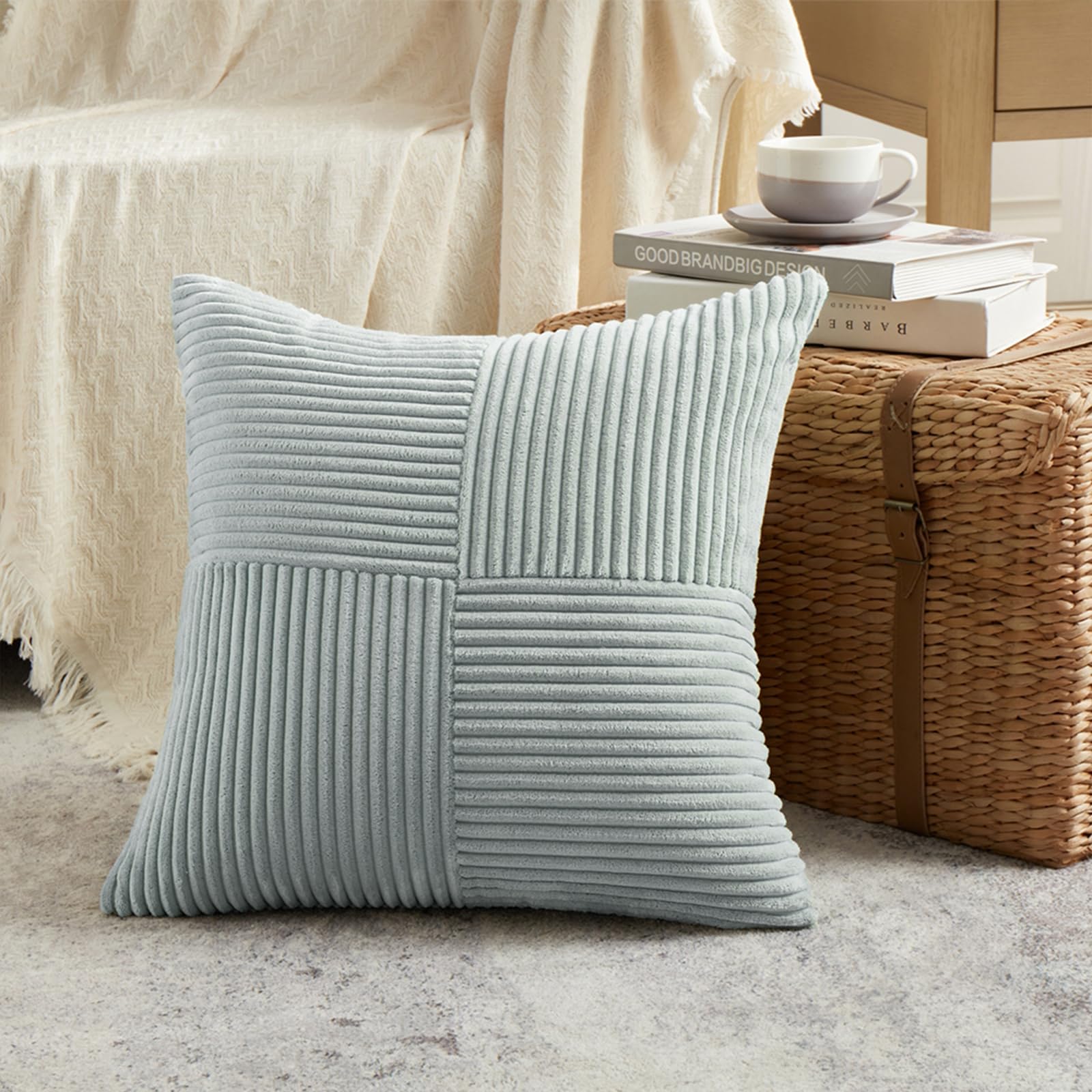 FDTERN Grey Blue Decorative Throw Pillow Covers 16x16 Inch for Couch Bed Sofa, Rustic Farmhouse Boho Home Decor, Soft Corss Patchwork Corduroy Textured Square Cushion Covers 40x40 cm — image 1