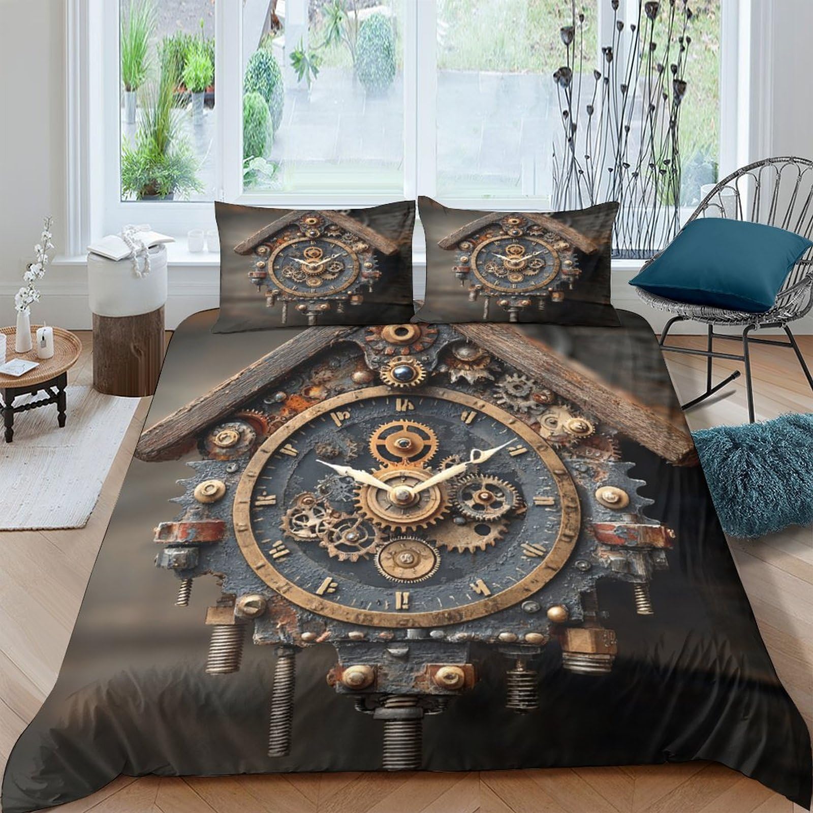 Ctjqhvkz Style-1 3D Printed Vintage Clock Fitted Sheet Microfiber Soft Brown Steampunk Bed Cover For Bedroom Guest Room Decor Single（135X200cm）