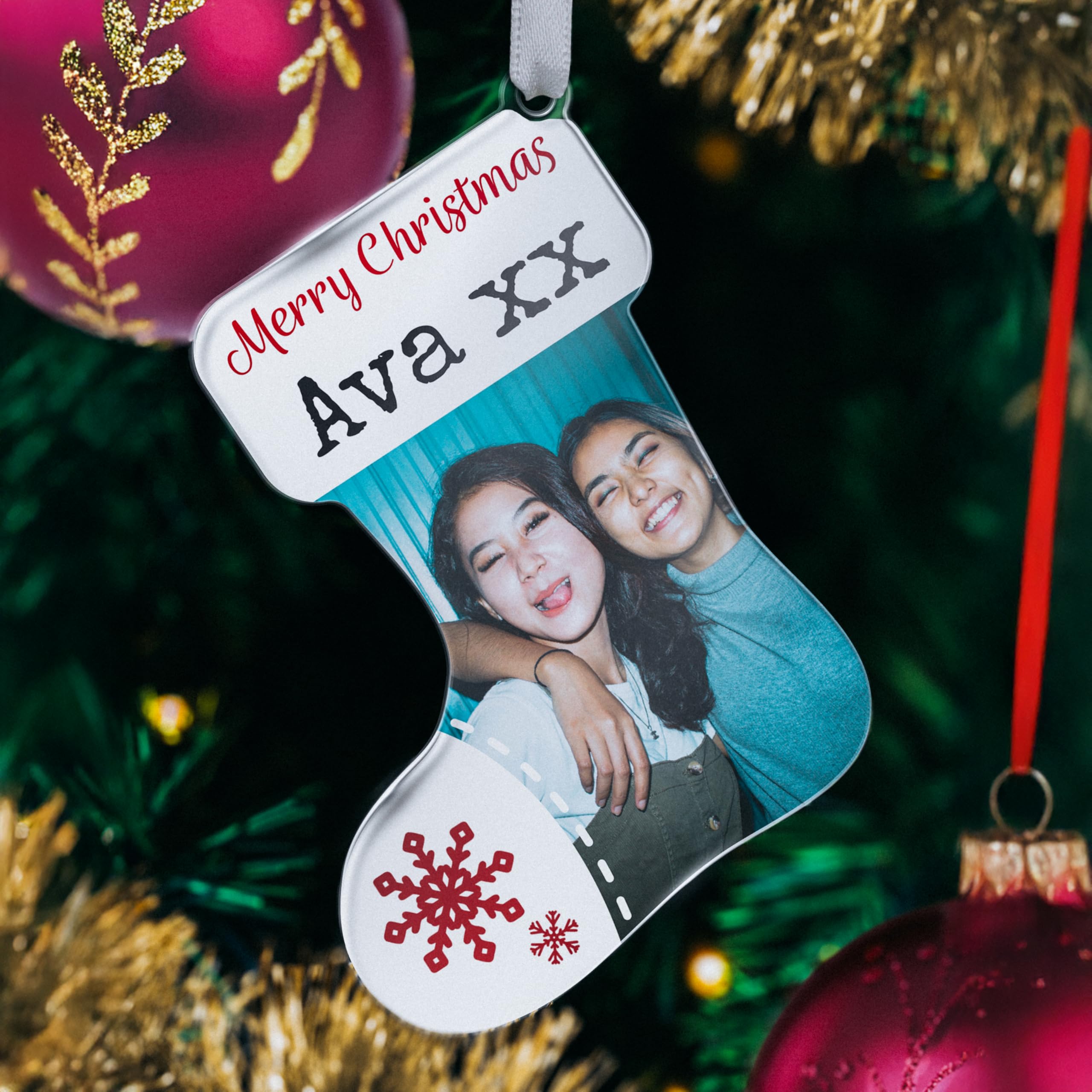 1 Personalised Christmas Stocking Photo Acrylic Bauble - 87mm x 97mm Gift Present Christmas Primary Teaching Services