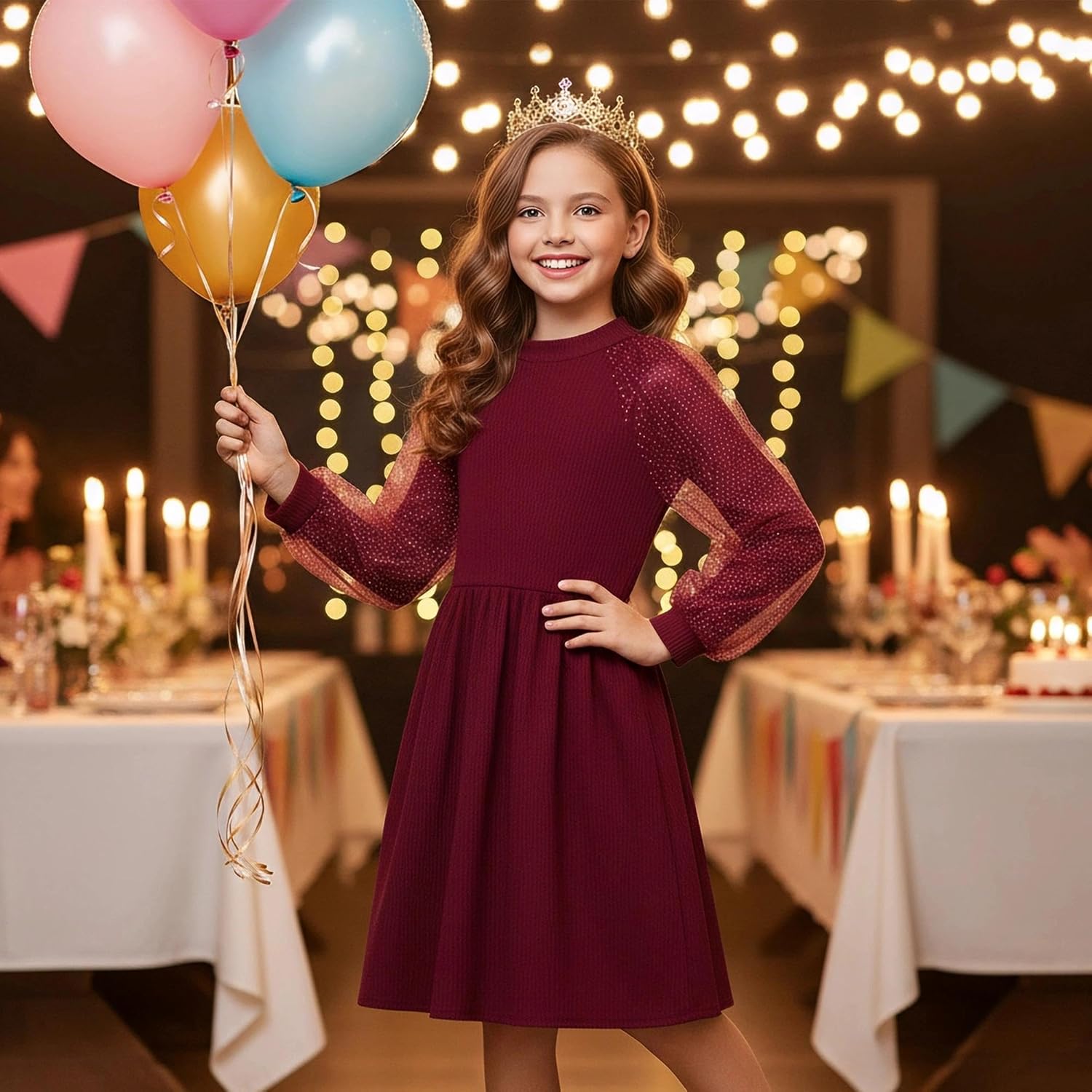 Little Bitty Girls Long Sleeve A-Line Sparkle Tulle Dress,Mock Neck Detachable High Low Mesh Skirt with Pockets 4-13 Years - Image 3