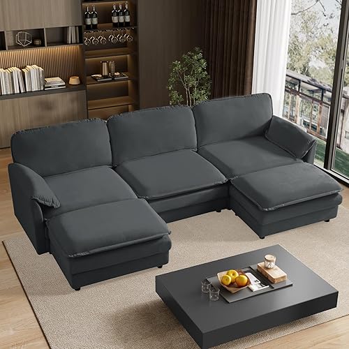 U Shaped Cloud Couch Sectionals 114" Comfy Grey Sectional Couches for Living Room Modern Fluffy Oversized Modular Sofas with Ottoman, Chenille Large Big 5 Seat Sofa Set