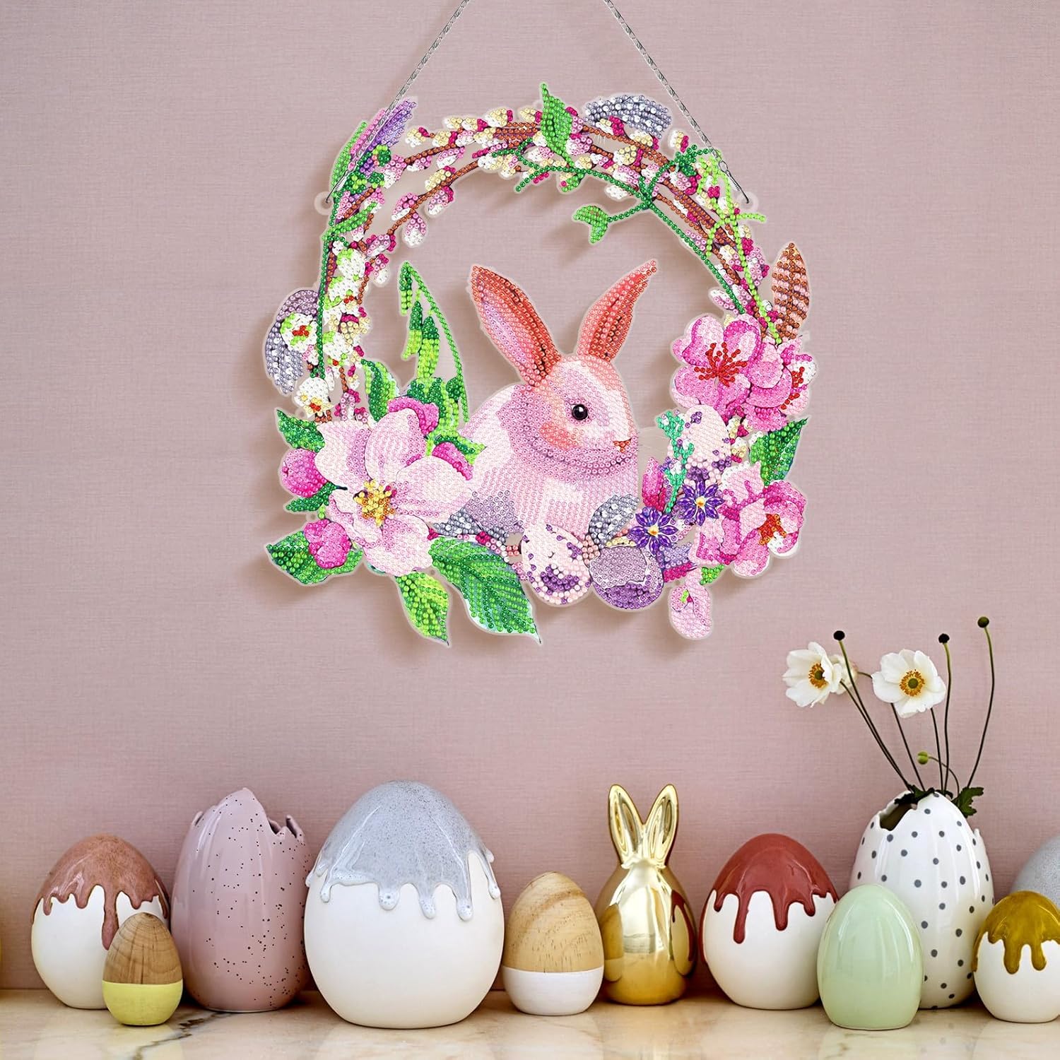 ARTopet 2Pcs DIY Diamond Easter Pendant Ornament Special Shaped Crystal Diamond Art Bunny Egg Hanging Single Sided Diamond Ornament for Adult Home Garden Wall Door Decor