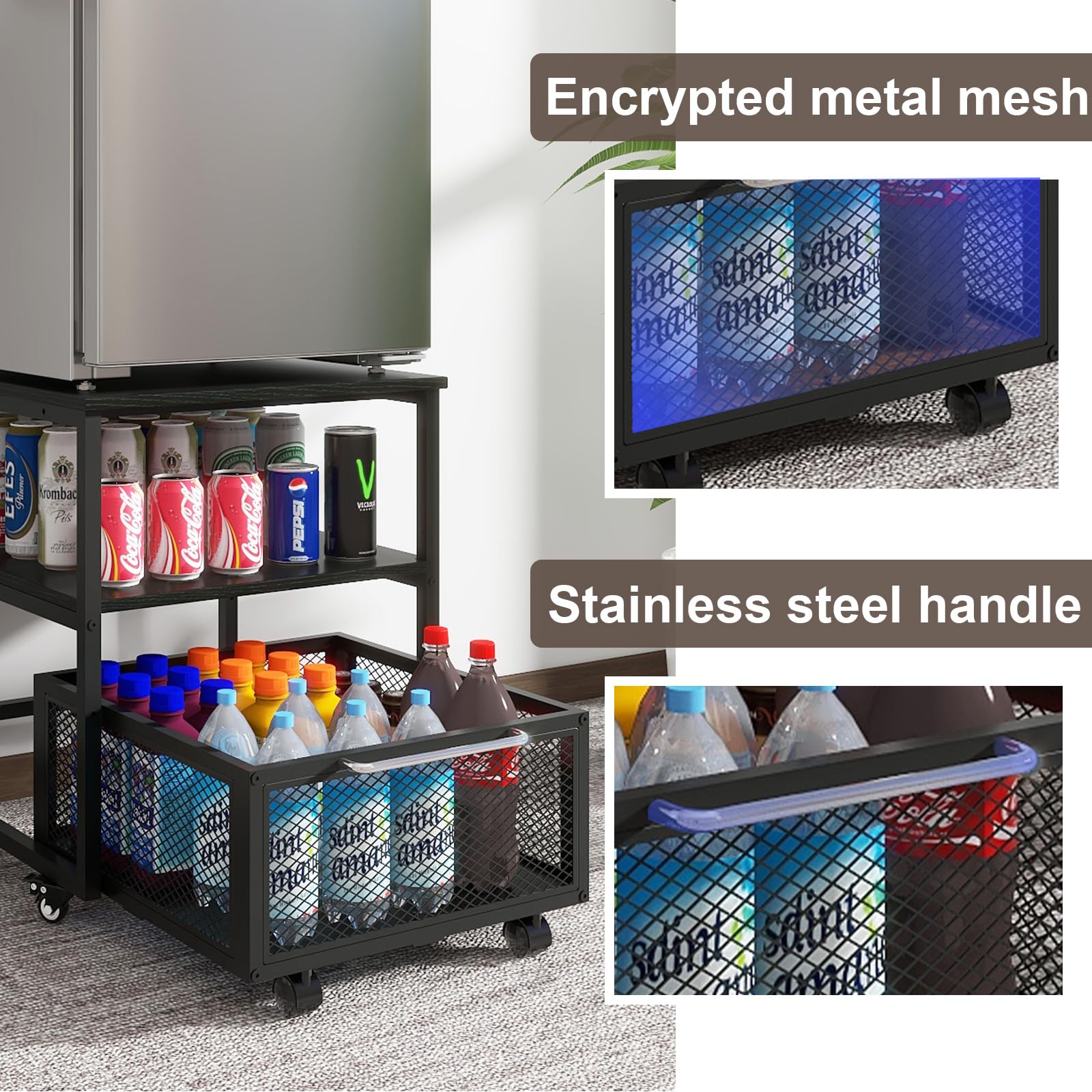 PUNCIA Mini soporte para nevera de 50 x 50 cm con almacenamiento y ruedas, resistente con 4 ruedas bloqueables, soporte para refrigerador, mesa para café, bar, nevera, coche, oficina, hogar,