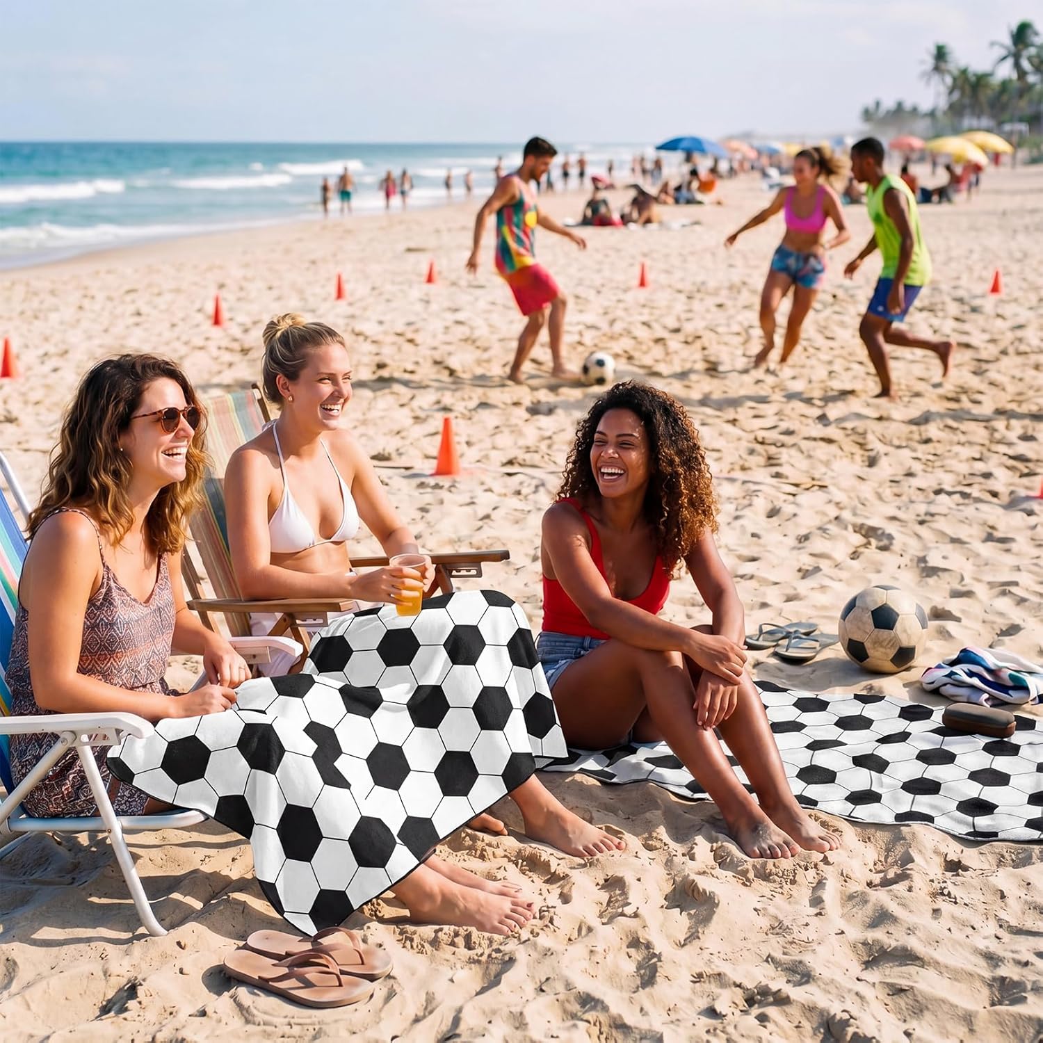 Gilprop 4 Pcs Soccer Beach Towels 60 x 30 Inches Black and White Football Beach Towels for Women Men Yoga Sand Sports Party Favor