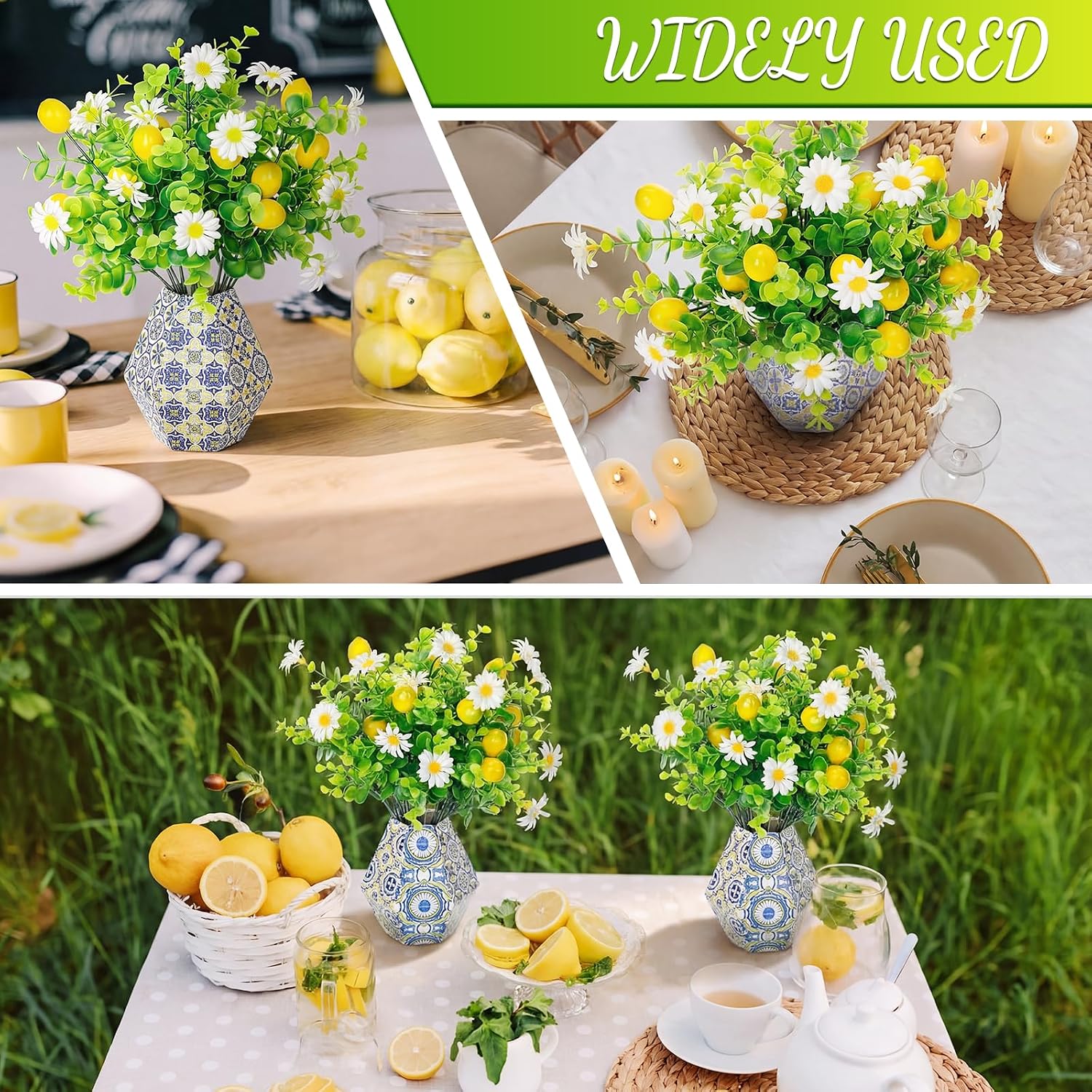 30 Pcs Amalfi Coast Party Decor-20 Artificial Lemon Branches with 10 Blue Tiles Paper Vases Mediterranean Wedding Table Centerpieces Capri Positano Summer Italian Party Decoration