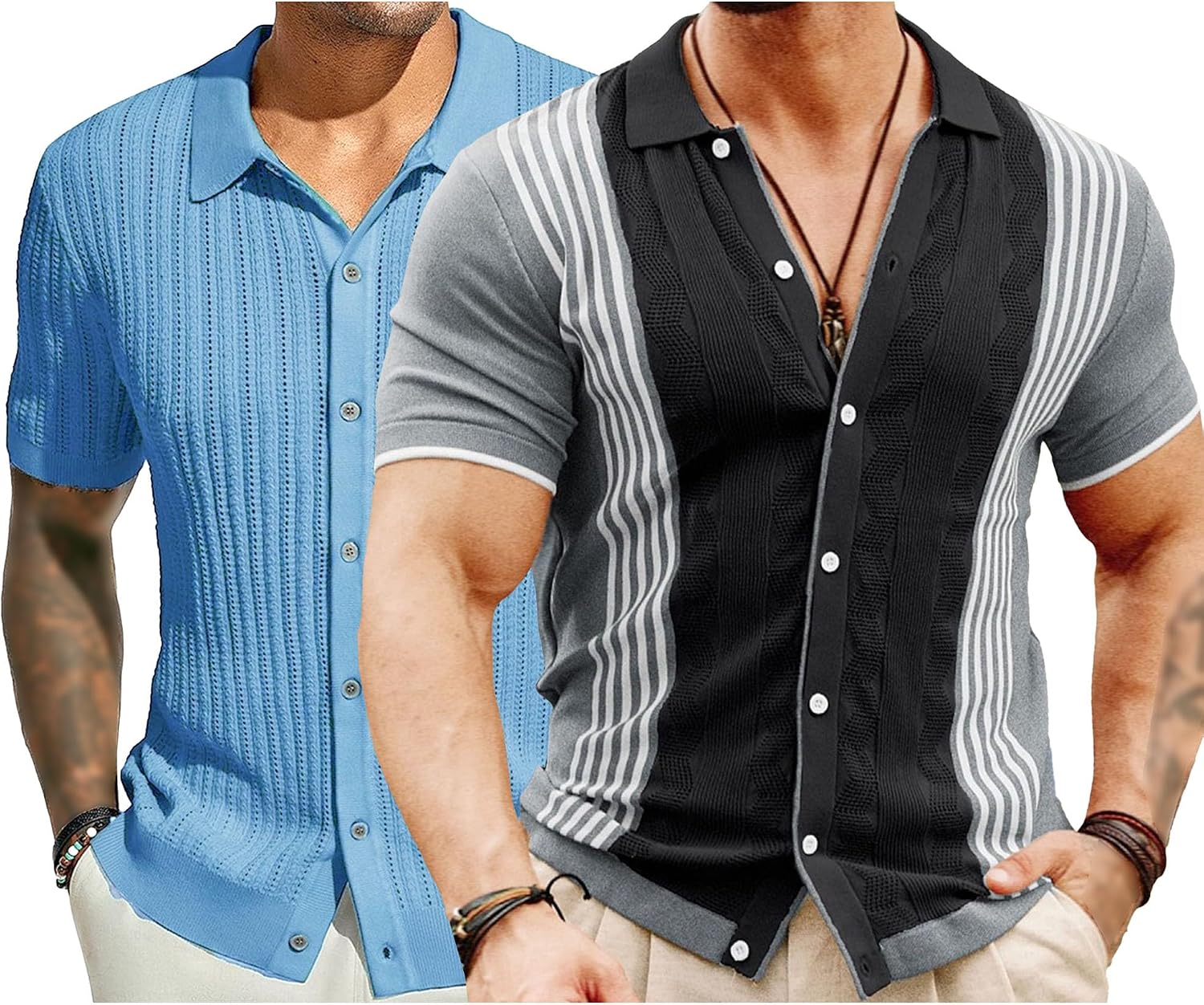 2 Pack Short Sleeve Button Down Shirts for Men Summer Lightweight Knit Polo Shirt Vintage Casual Beach Tops
