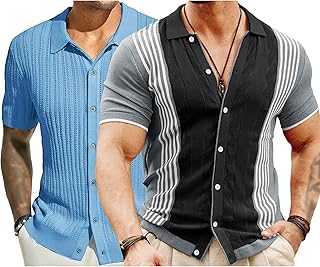 Camiseta de cuello cubano para hombre, estilo vintage, con botones, para vacaciones, de punto a rayas, para golf, playa