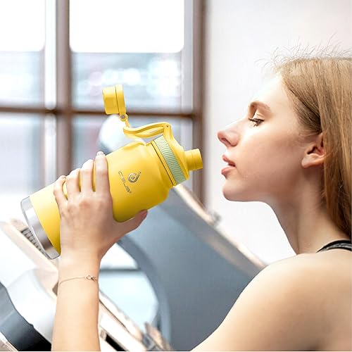 Miniatura 9 de IDEUS Botella de agua aislada de acero inoxidable con 2 tapas a prueba de fugas, termo para senderismo, ciclismo, 32 onzas, amarillo brillante