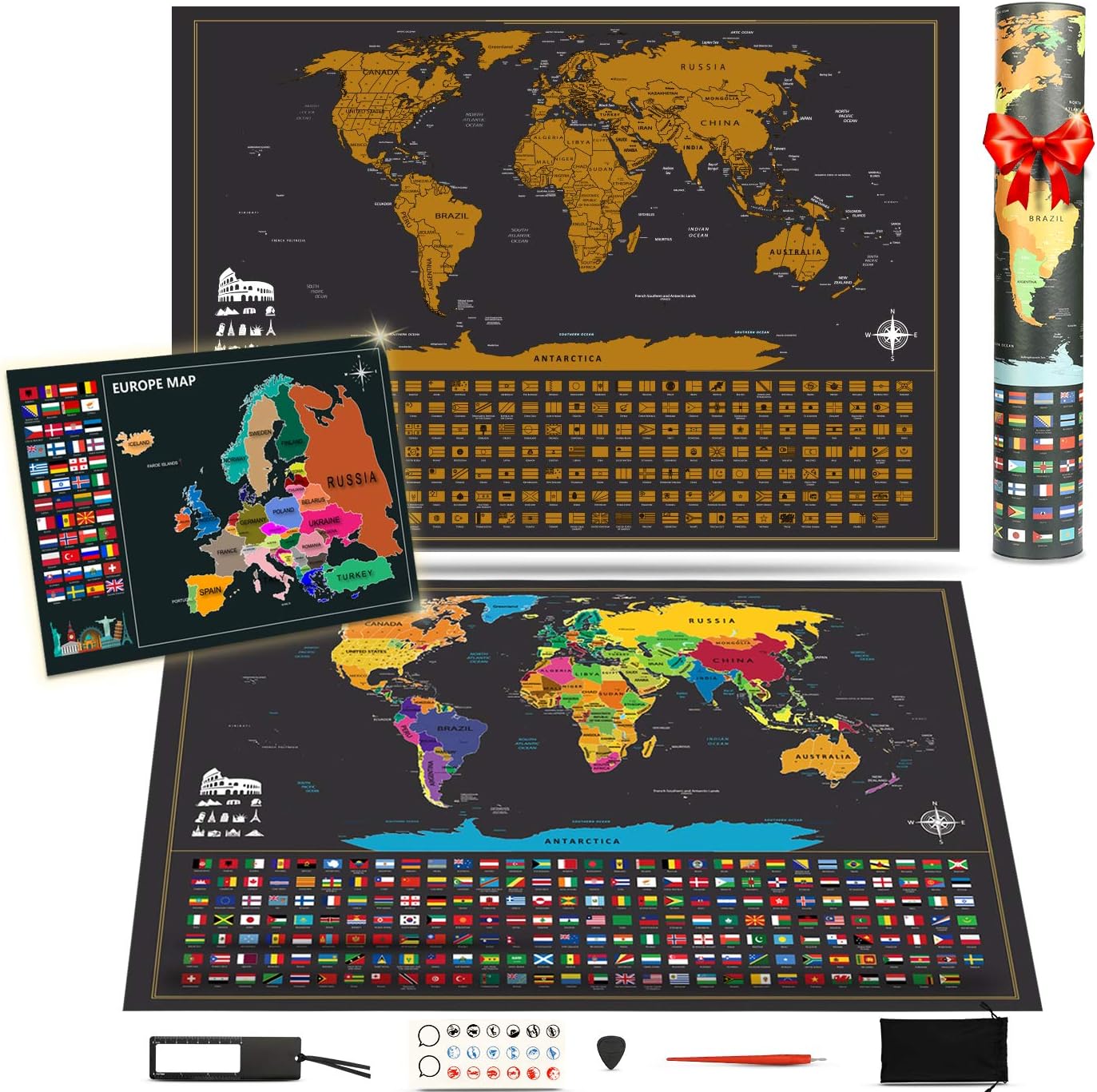 Scratchable World Map with Accessories + Europe Map of World Travel Size Personalized World Map to Record Your Journey around the World by Koooper