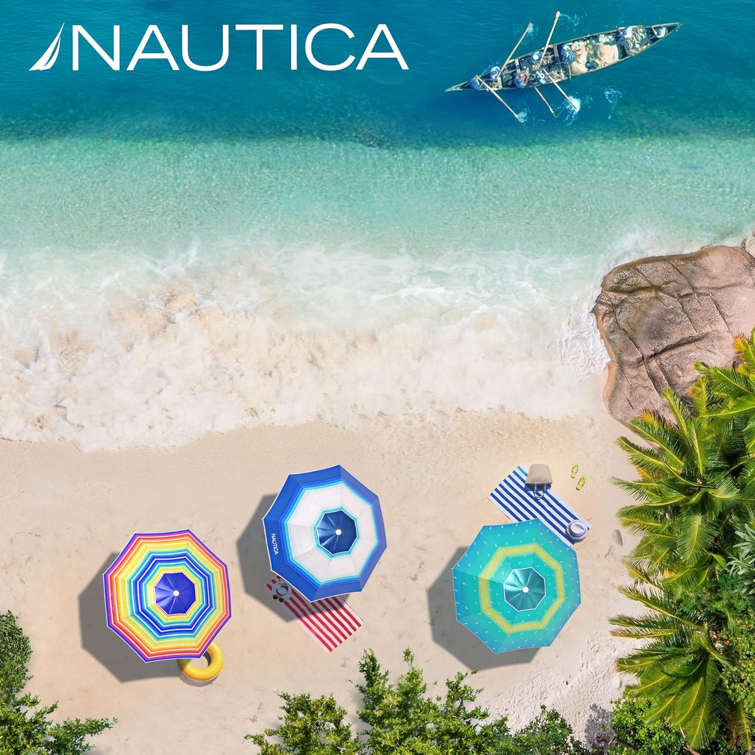 Nautica Beach Umbrella - 7 Ft Heavy Duty Portable Beach Umbrellas for Sand & Sun UPF 50+ Protection, Wind & Sand Anchor for Strong Stability - Large Vented Umbrella for Beach + 2-Way Tilt System