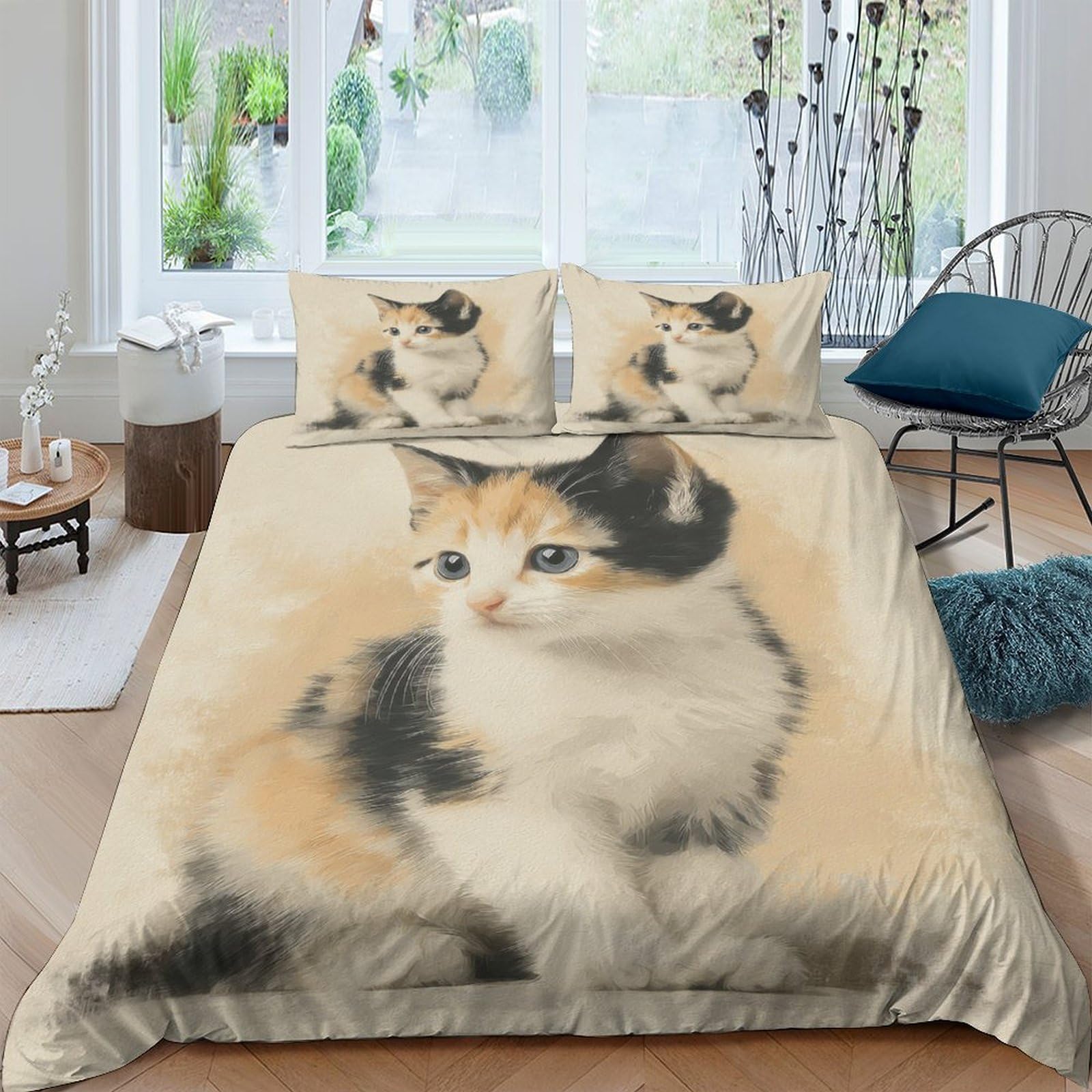 Ctjqhvkz Style-2 3D Printed Calico Cat Fitted Sheet Microfiber Soft Breathable Kitten Bed Cover For Bedroom Guest Room Decor Single（135X200cm）