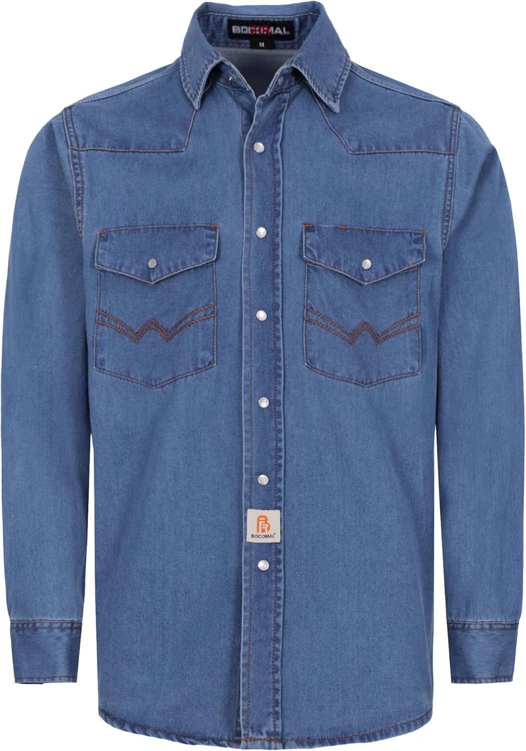 BOCOMAL Men's Denim Work Shirt Western Cowboy Cut Long Sleeve Pearl Snap Vintage Washed Soft Relaxed Fit Workwear(Non FR) - Image 6