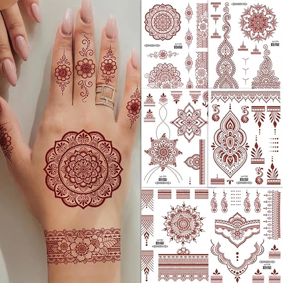 Waterproof Temporary Tattoos for Women & Girls, 16 Sheets Brown Lace Fake Tattoos, Long Lasting Hand Finger Wrist Body Art, Lotus Mandala Flower Fake Tattoo Stickers, Festival Party Accessories