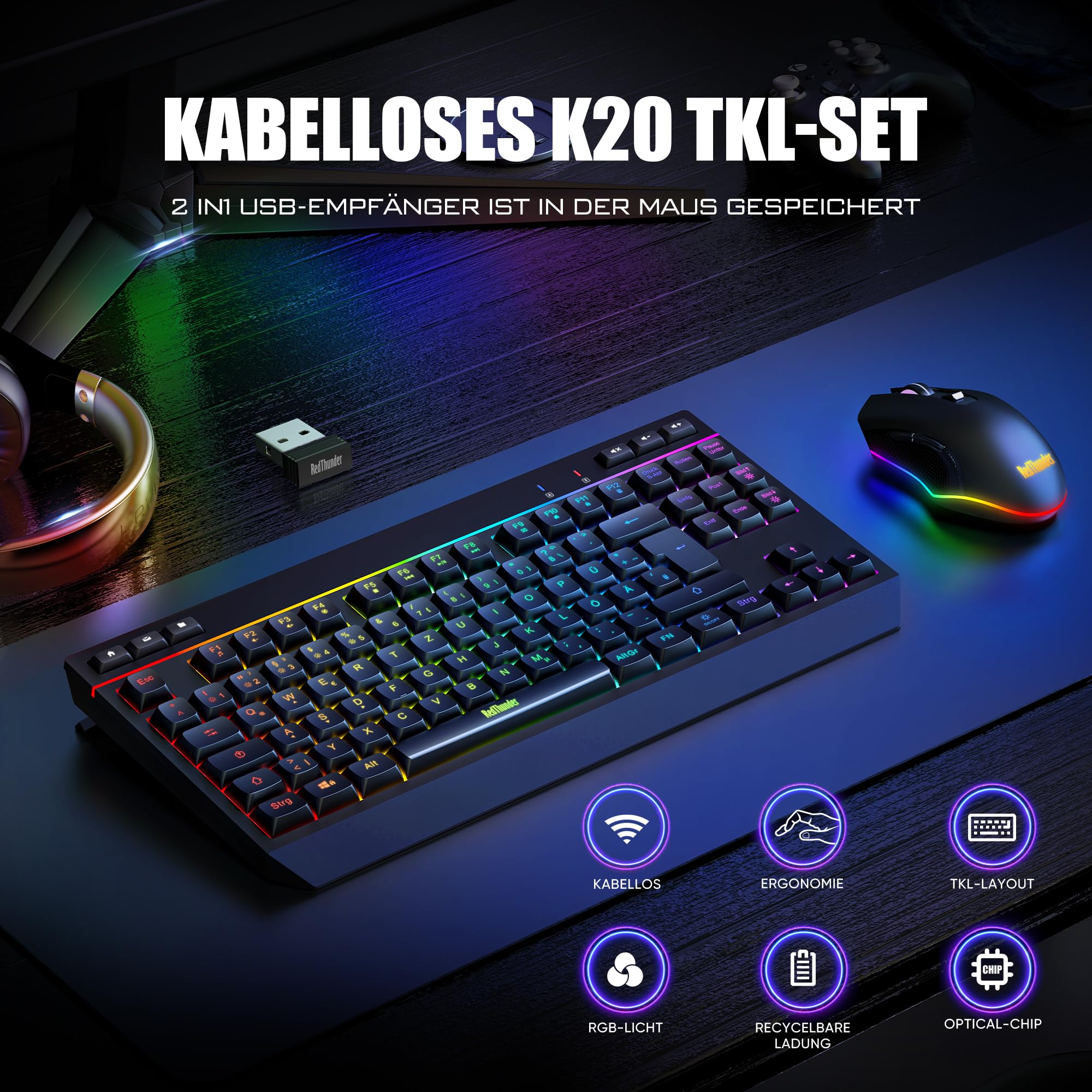 RedThunder 75% Kabelloses Tastatur und Maus Set, QWERTZ 94 Tasten TKL Layout, RGB, Wiederaufladbar Funktastatur mit Multimedia Funktionstasten, 7D Optische Maus für PC Xbox PS5, Büro (Schwarz)