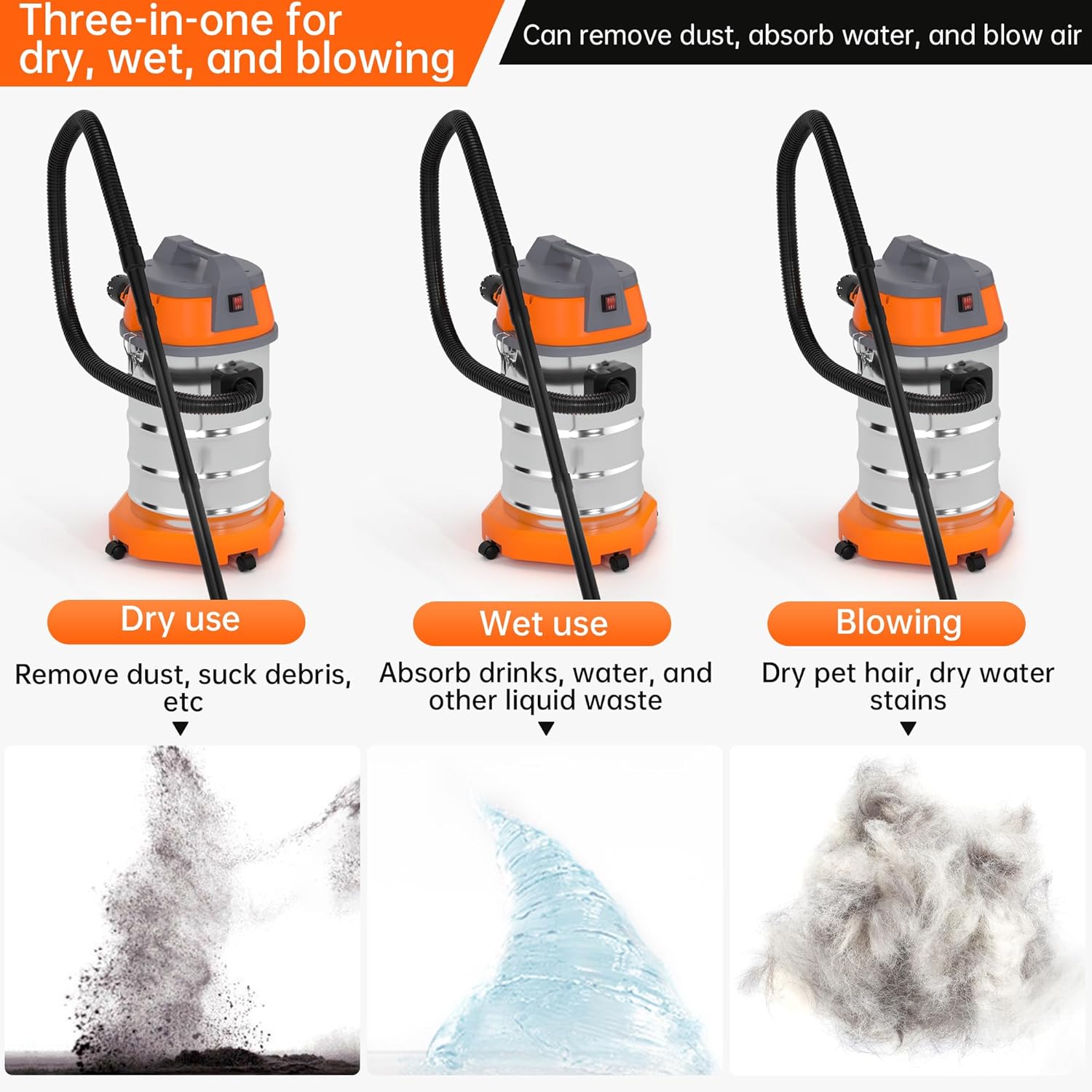 3200W Wet Dry Vacuum Cleaner 10 Gallon 8HP Peak Horsepower Stainless Steel Shop Vac for Garage, Car, Home & Workshop High Suction Power 360° Swivel Wheels, Blower Function & Multiple Attachments