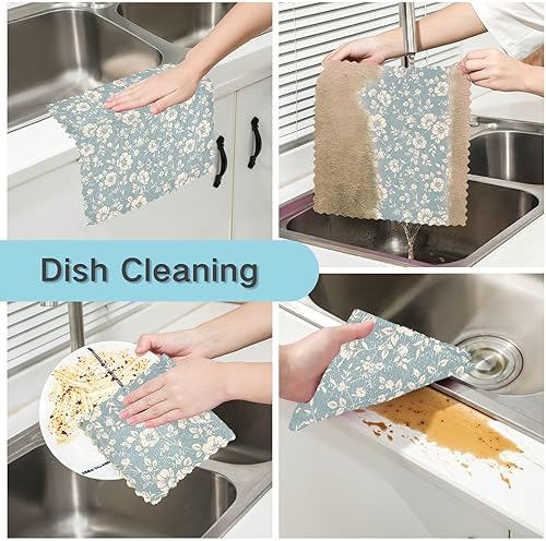Miniatura 2 de Floral Silhoutte Blue Set of 6 Quick Dry Microfiber Towels Kitchen Print Soft Dish Tea Towels Reusable for Countertop Sink
