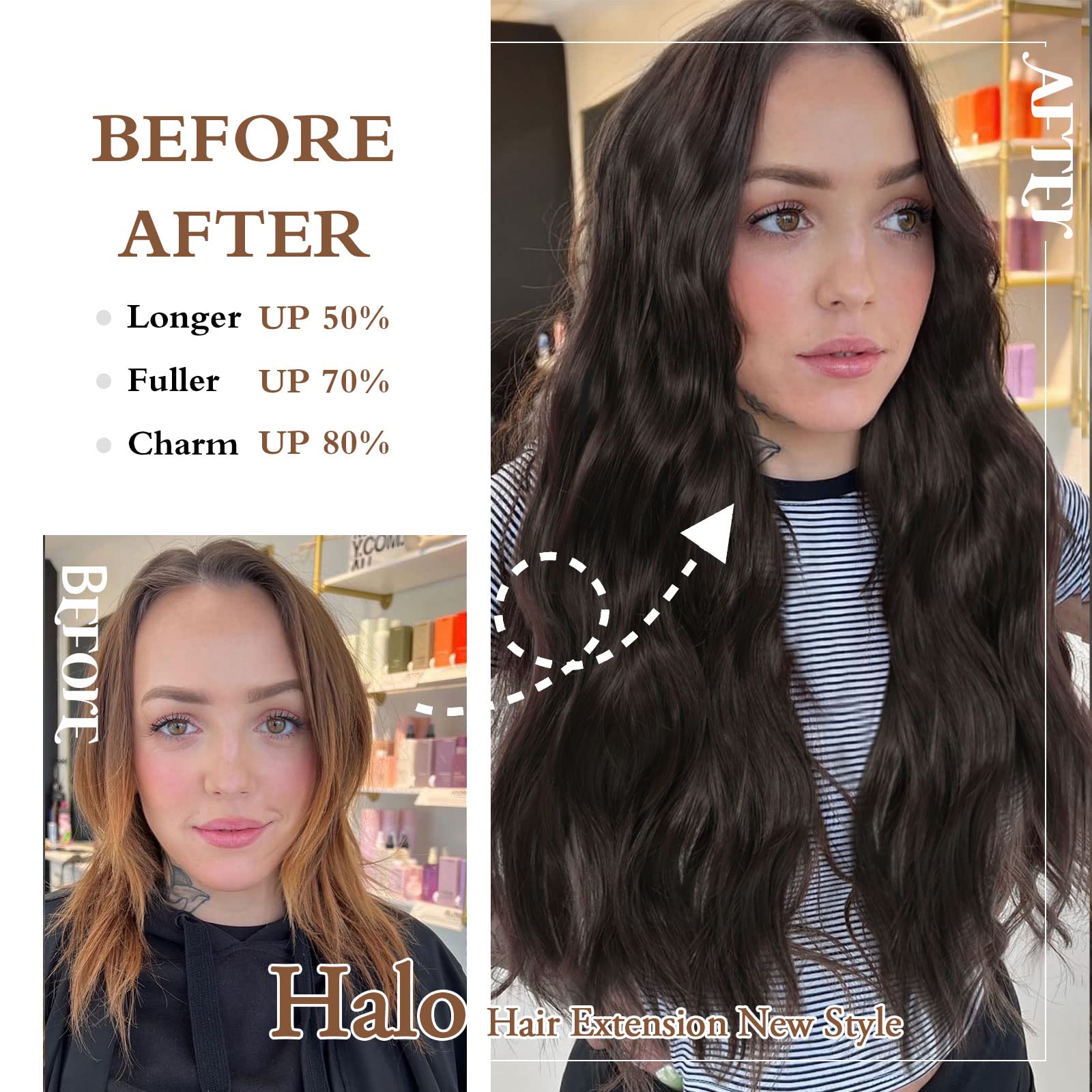 BUPPLER Halo Hair Extensions 20 Inch Invisible Wire Hair Extensions Adjustable Long Wavy Hairpiece Synthetic Upgrade 4 Secure Clips in Hairpieces 20 Inch,Black Brown - Image 2
