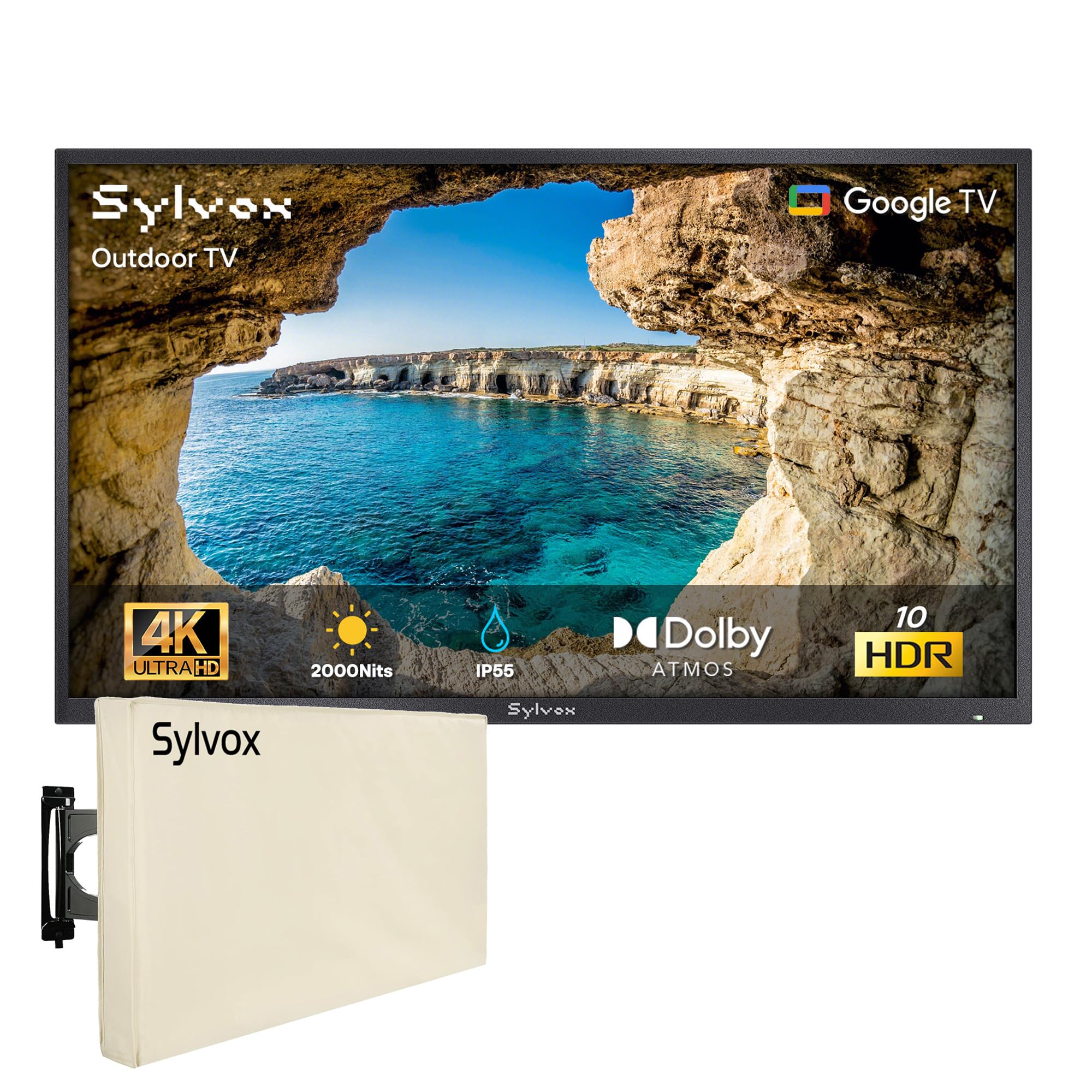 SYLVOX 43" Televisor de Exterior | 4K UHD, 2000 Nits | Google TV, Dolby Atmos | DVB-T2/S2/C HEVC 10, HBBTV, WiFi, IP55 Resistente Outdoor TV al Agua para Jardín, Terraza & Piscina | Pool Pro 2.0
