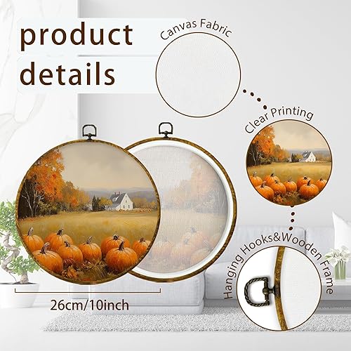 Miniatura 7 de XPH Arte de pared redondo de calabaza de otoño de granja, enmarcado, decoración de pared redonda de calabaza de otoño rústico, impresiones de lienzo