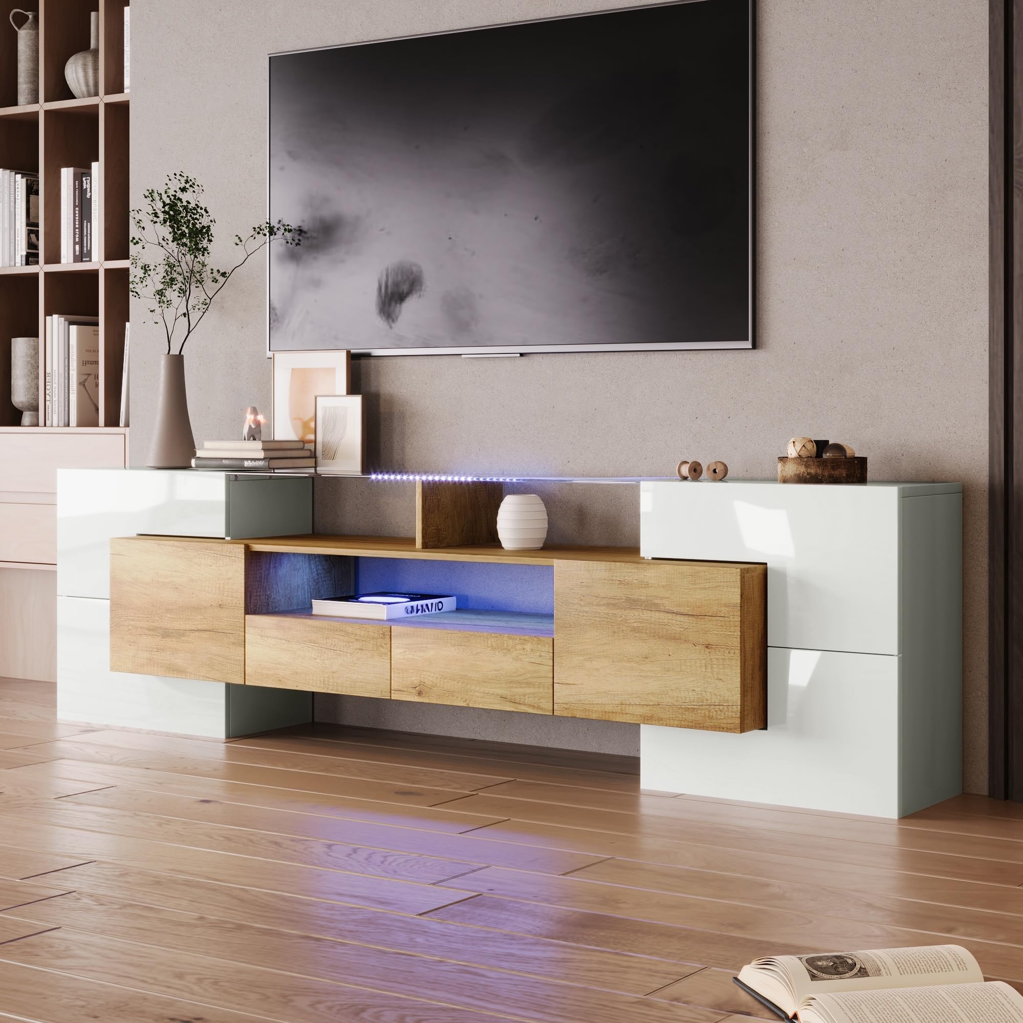 Mueble TV de Alto Brillo de Hasta 80 Pulgadas, Muebles de Salon Muebles TV con Iluminación LED y Estante de Vidrio, Mueble para TV Moderno con 6 Puertas y 2 Cajones, 200x35x60 cm, Natural+Blanco