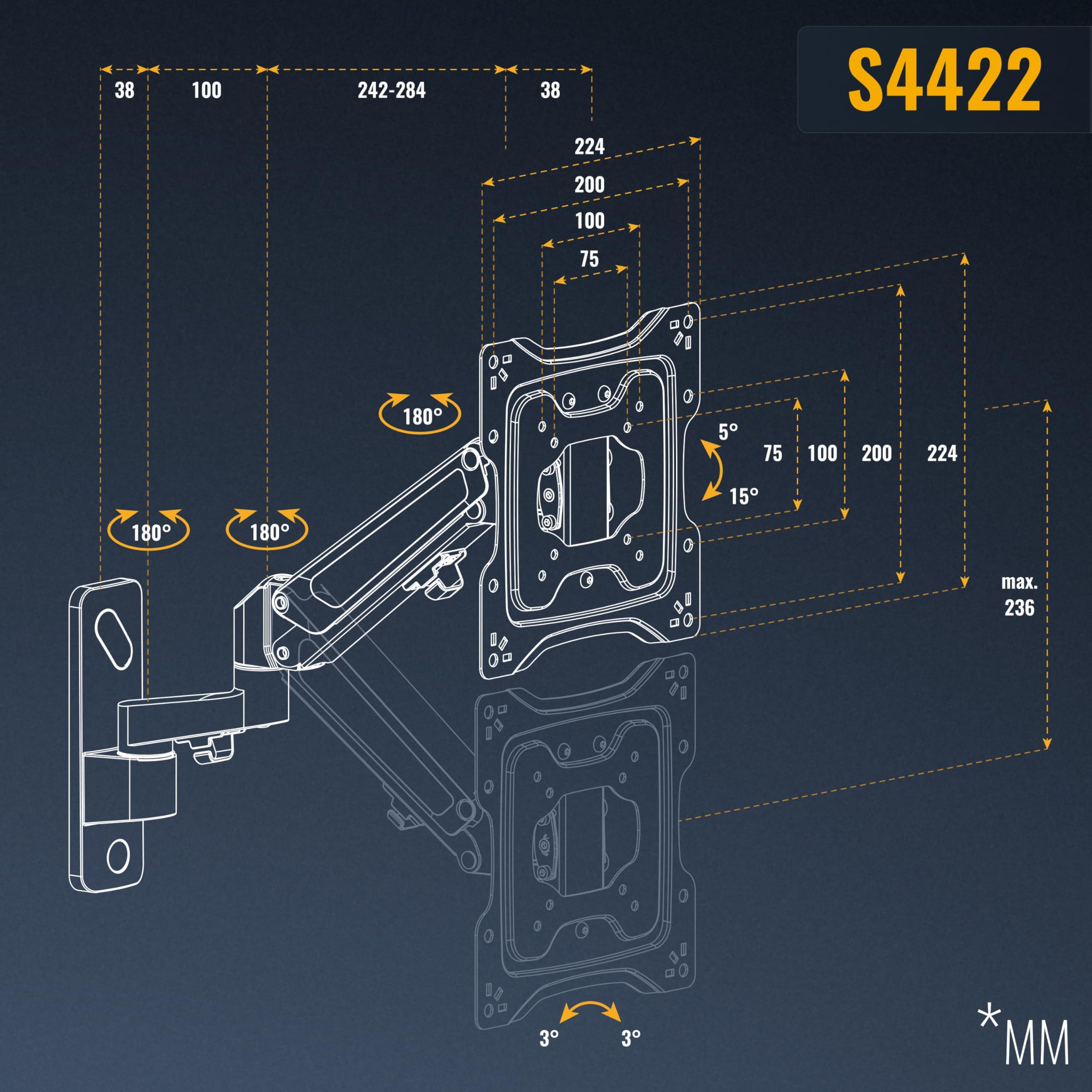 RICOO TV Wandhalterung Fernseher Halterung Gasfeder Schwenkarm für 32-55 Zoll Fernsehhalterung für Wand S4422 Höhenverstellbar Schwenkbar Neigbar Flach Curved Fernseh-Arm bis 23-Kg & VESA 100 & 200
