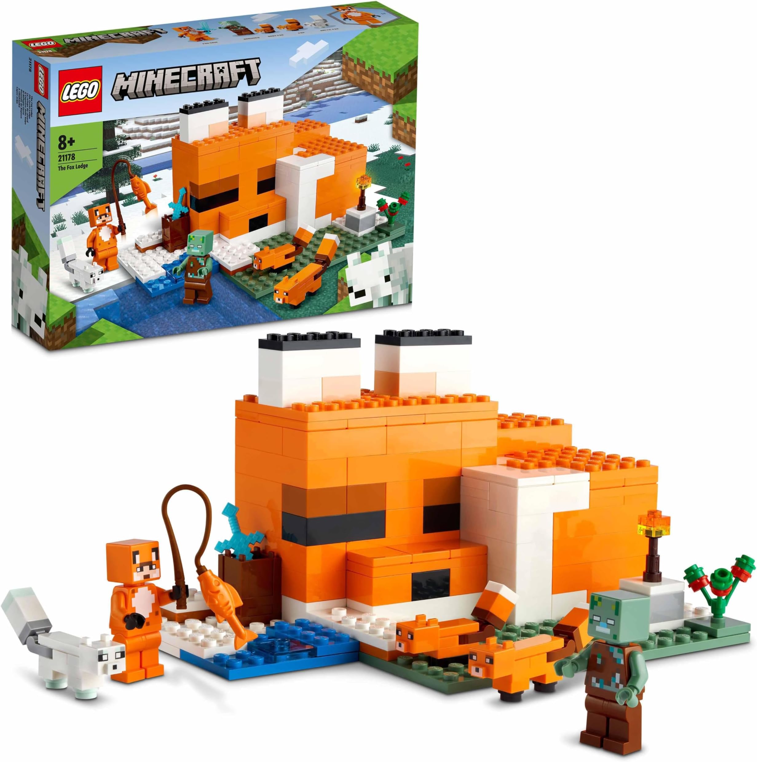 Minecraft The Fox Lodge - Play and Display House Toy with a Hero, Mob and Animal Figures plus Accessories incl. a Diamond Sword - Gaming Gift for 8+ Year Old Boys & Girls - 21178