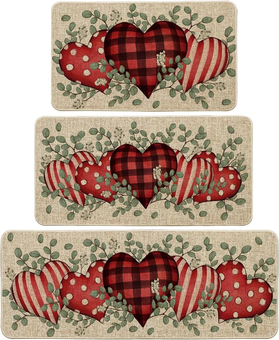 Artoid Mode Eucalyptus Love Heart Valentine's Decorative Kitchen Mats Set of 2, Home Party Low-Profile Home Kitchen Rugs - 17x29 and 17x47 Inch